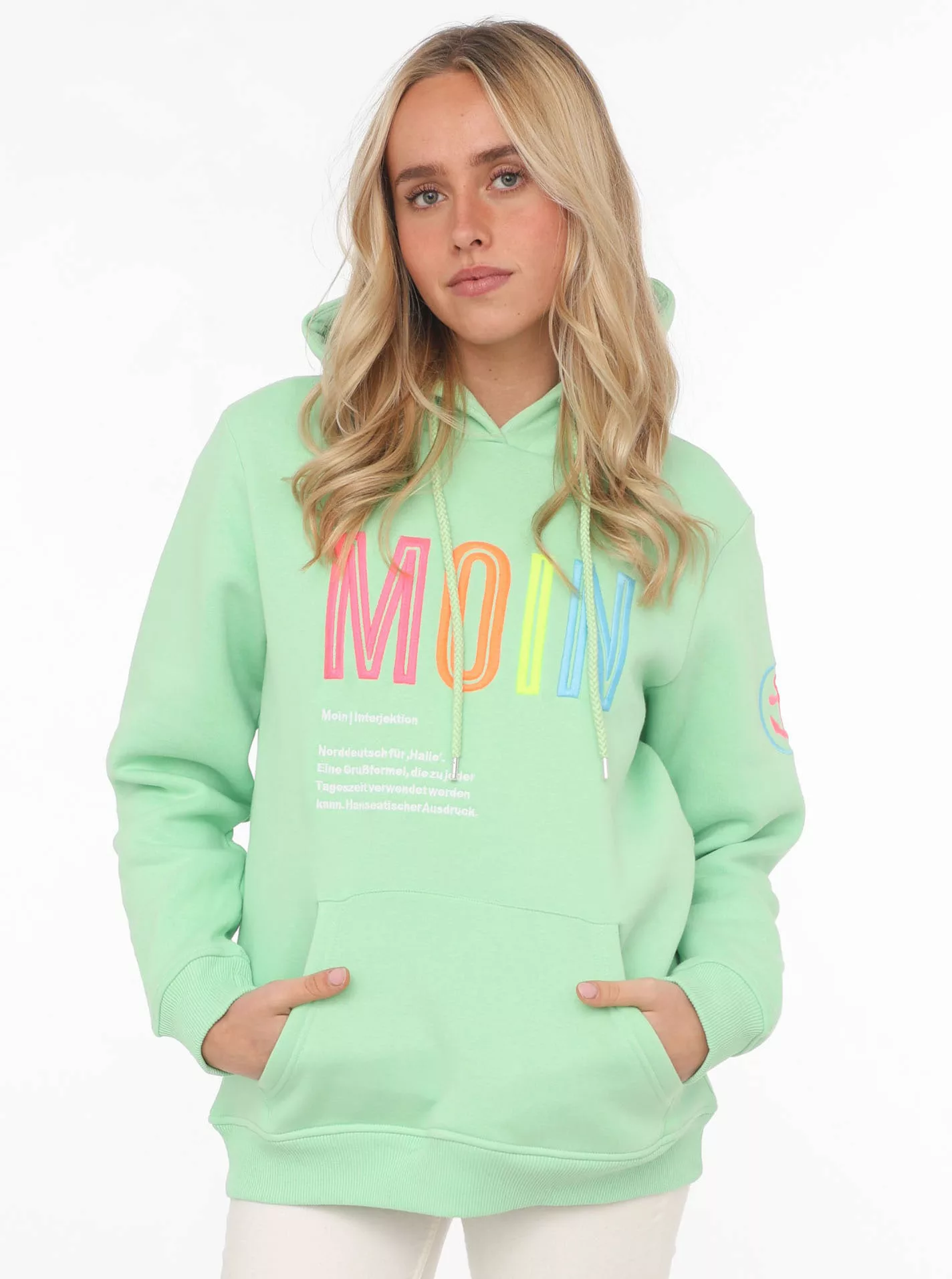 Zwillingsherz Sweatshirt, mit aufgesticktem „Moin“-Schriftzug in Neonfarben günstig online kaufen