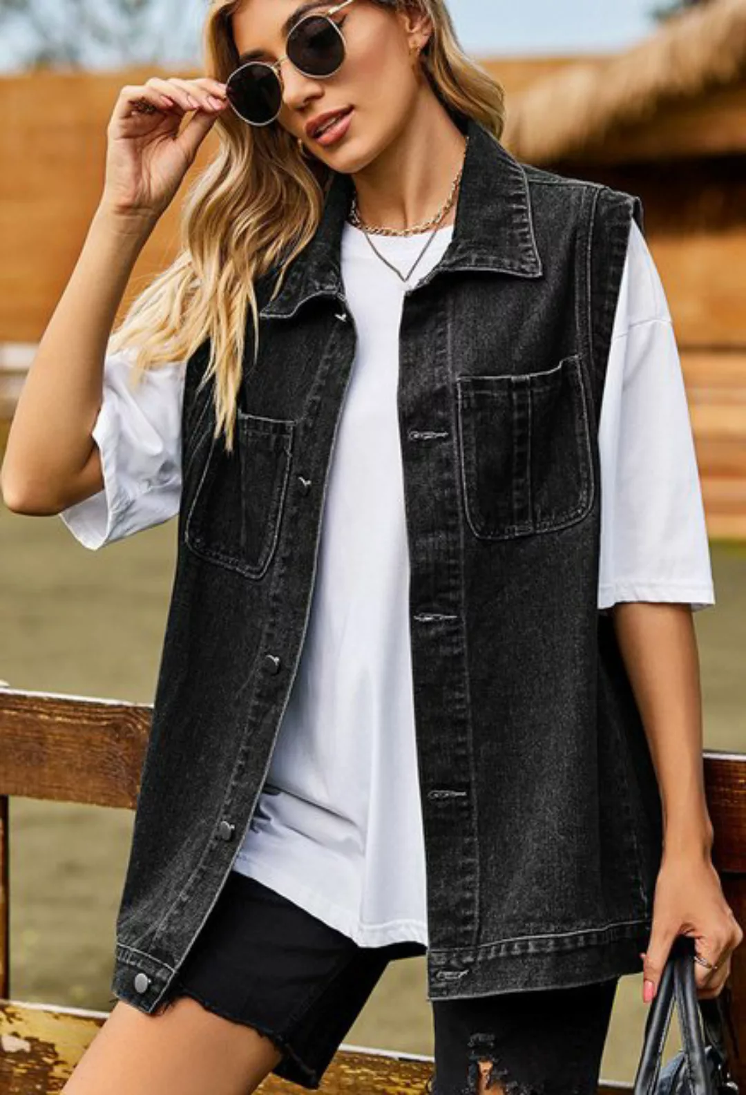 CHENIN Jeansweste Damen Denim Weste Ärmellose Denim Weste Rollkragen Ärmell günstig online kaufen