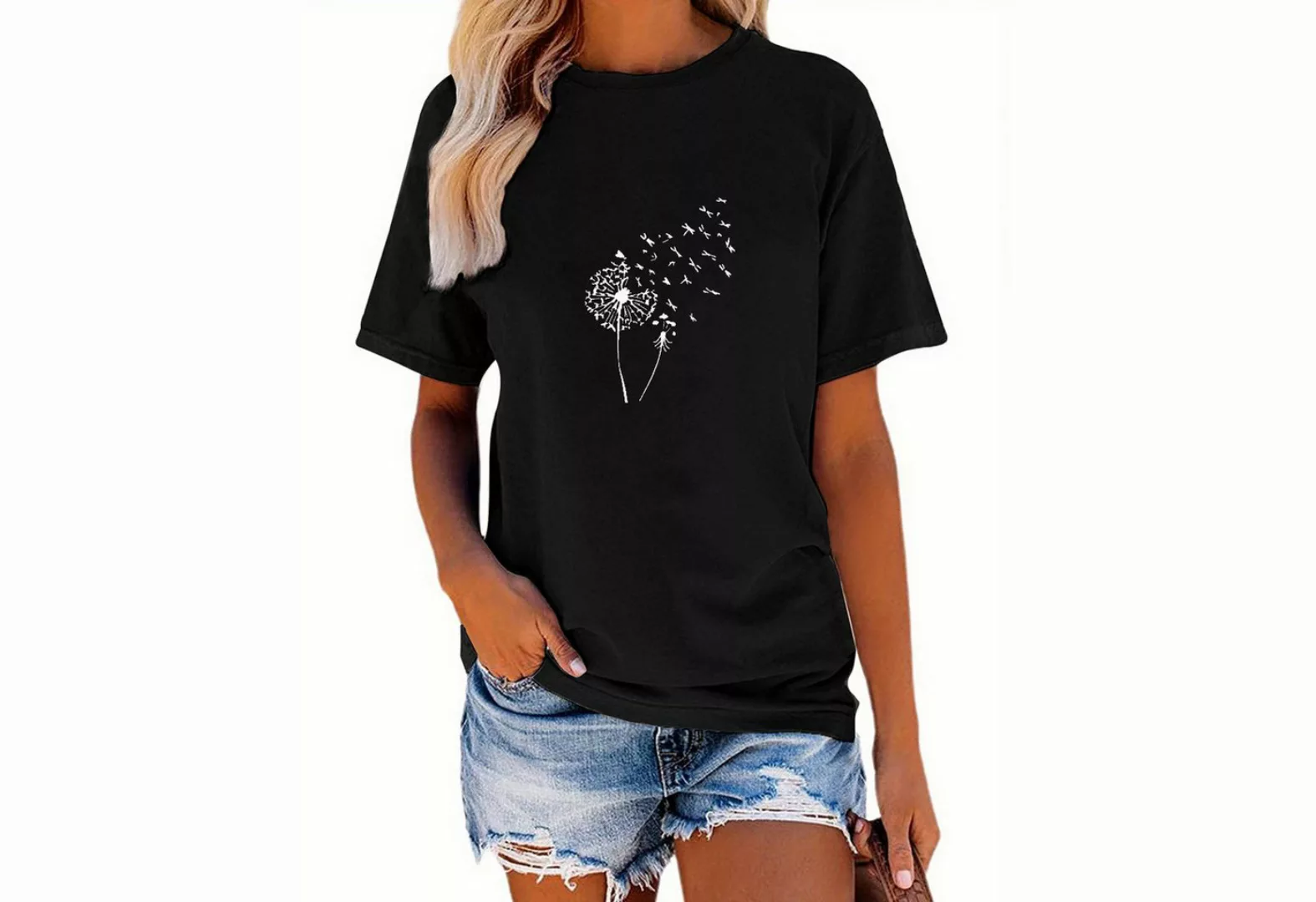 PYL T-Shirt Damen Sommer Kurzarmbluse Locker Löwenzahn Print-Shirt Casual T günstig online kaufen