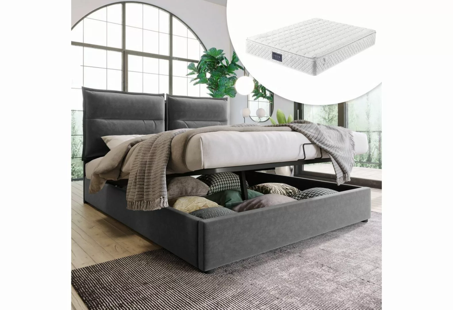 WISHDOR Polsterbett Doppelbett Funktionsbett Bett Hydraulisch Mit Matratze günstig online kaufen