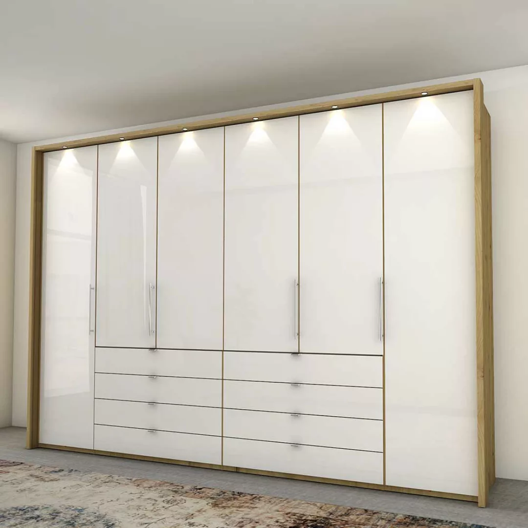 Panorama Schlafzimmerschrank in Weiß und Eiche Bianco glasbeschichtet günstig online kaufen