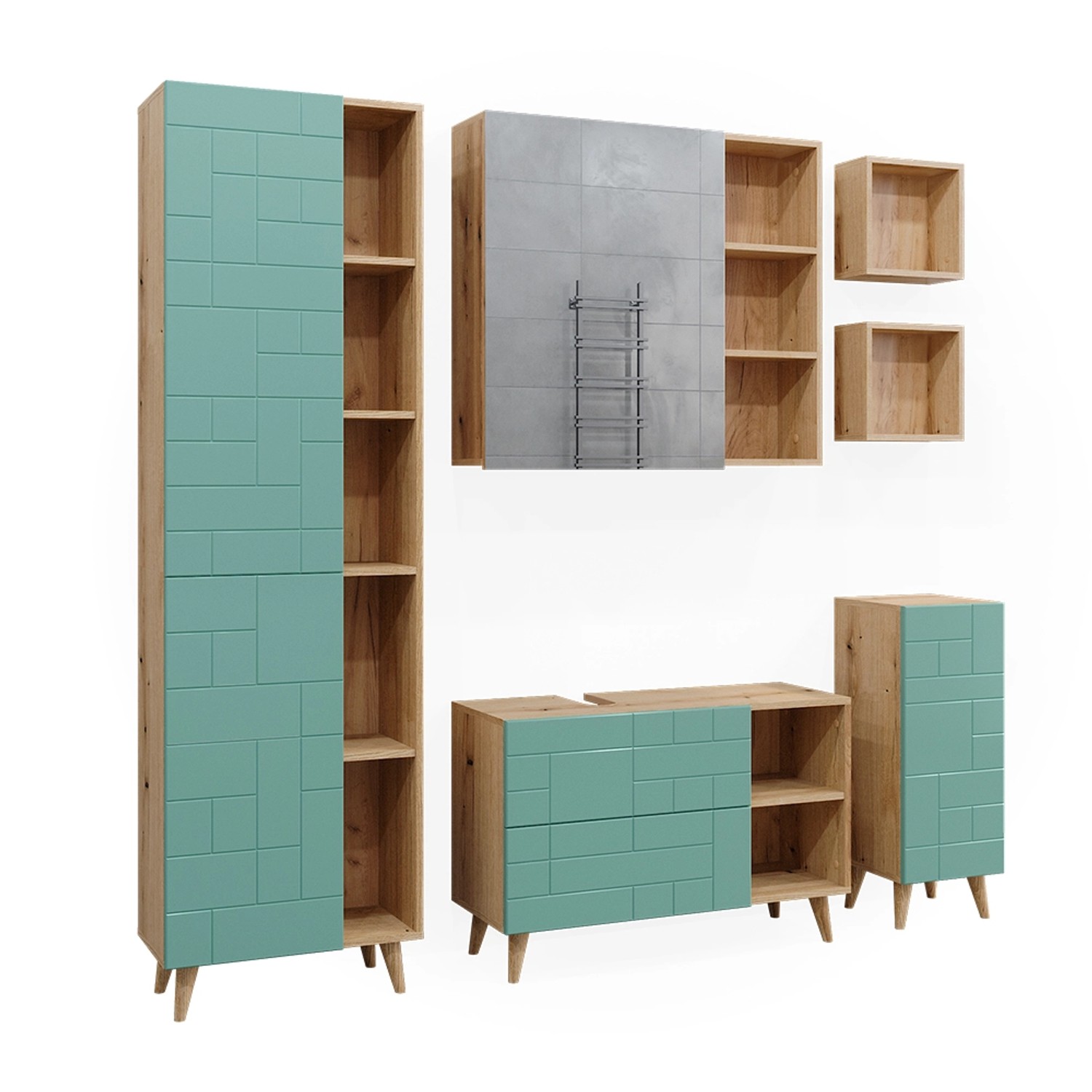 Vicco Badmöbel-Set Rudi Mintgrün/Eiche 6 Teile mit Hochschrank günstig online kaufen