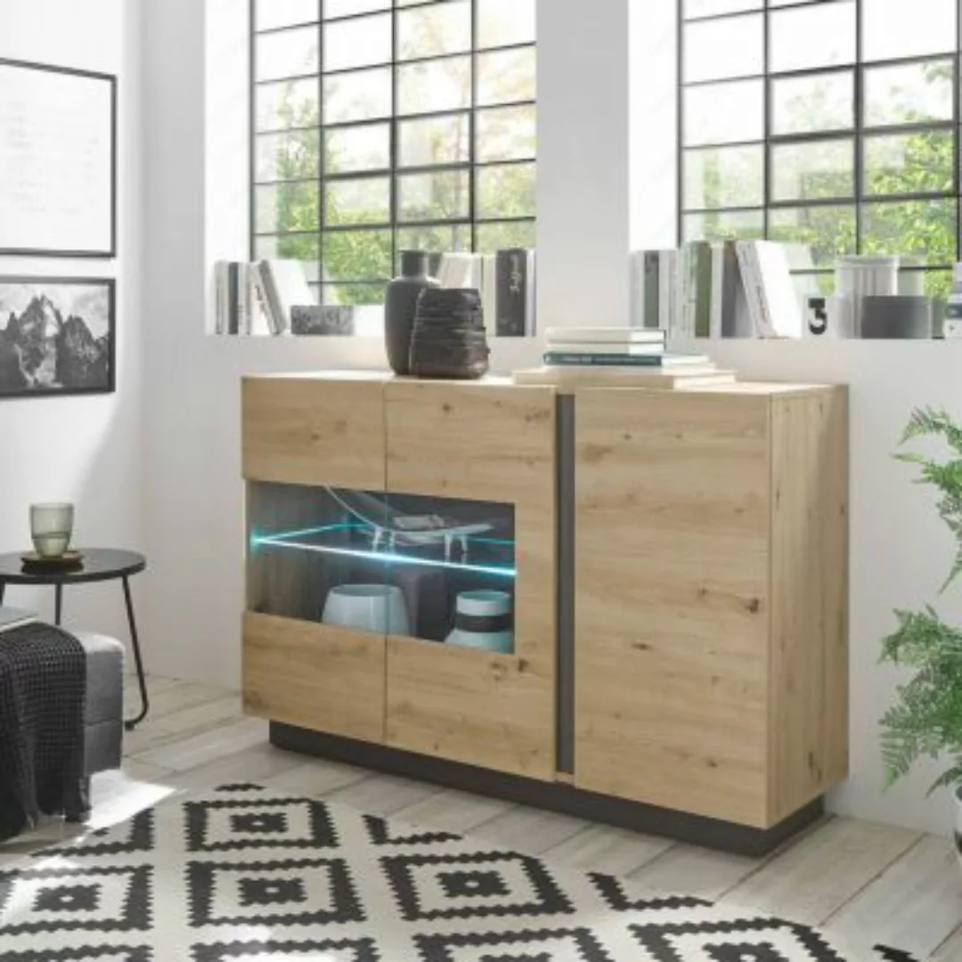 Lomadox Vitrinen-Sideboard mit Beleuchtung CARDIFF-61 in Eiche Artisan Nb. günstig online kaufen