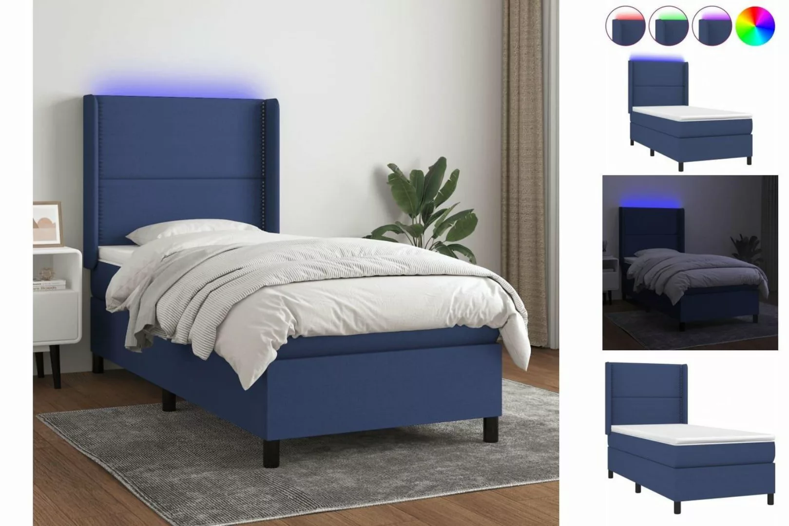 vidaXL Bettgestell Boxspringbett mit Matratze LED Blau 90x190 cm Stoff Bett günstig online kaufen
