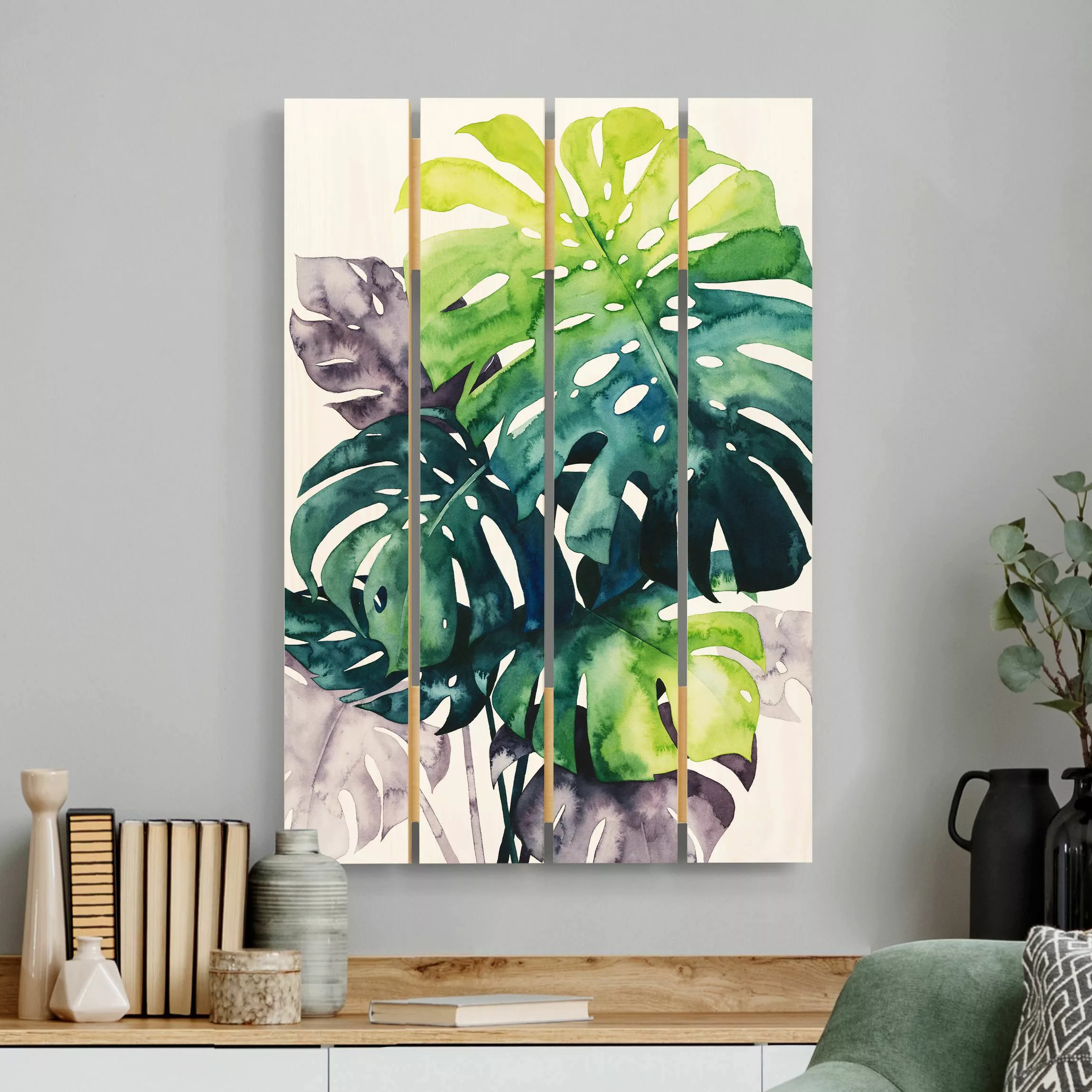 Holzbild Plankenoptik Blumen - Hochformat Exotisches Blattwerk - Monstera günstig online kaufen