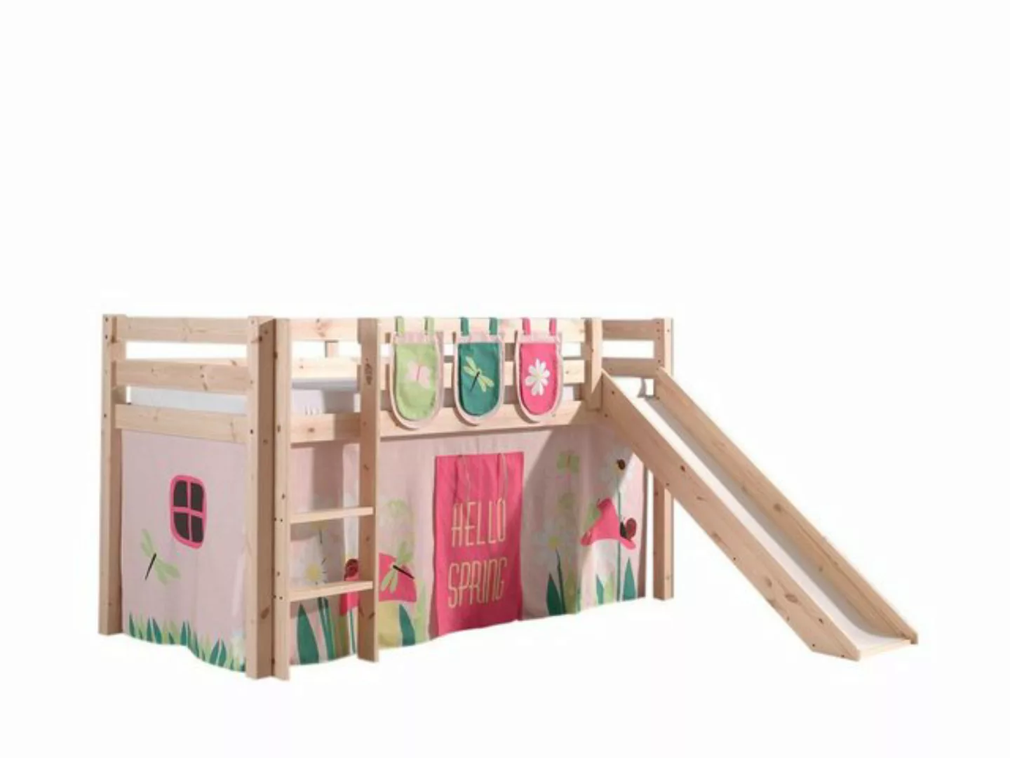 Natur24 Kinderbett Spielbett Pino mit Rutsche und Textilset Kiefer Natur günstig online kaufen