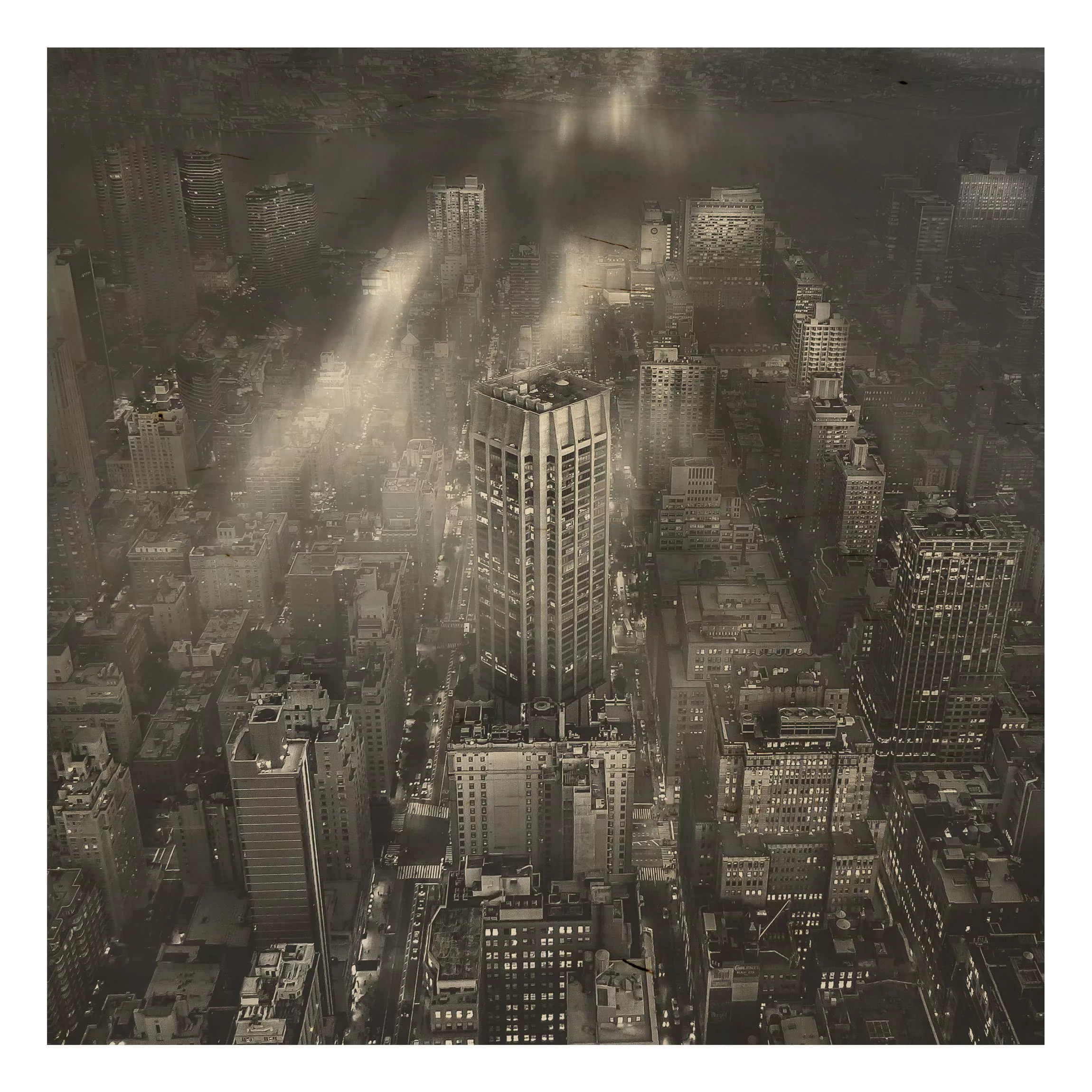 Holzbild Schwarz-Weiß - Quadrat Sonnenlicht über New York City günstig online kaufen