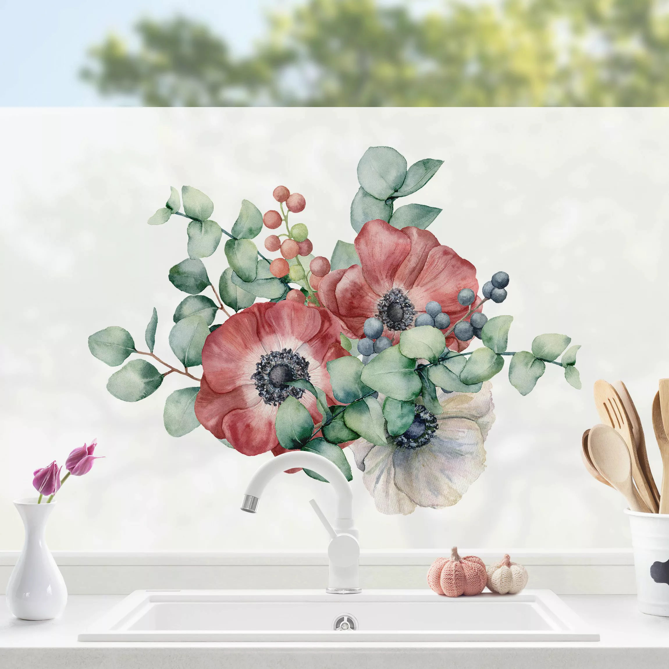 Fensterfolie Aquarell Eukalyptus Anemonen Bouquet günstig online kaufen