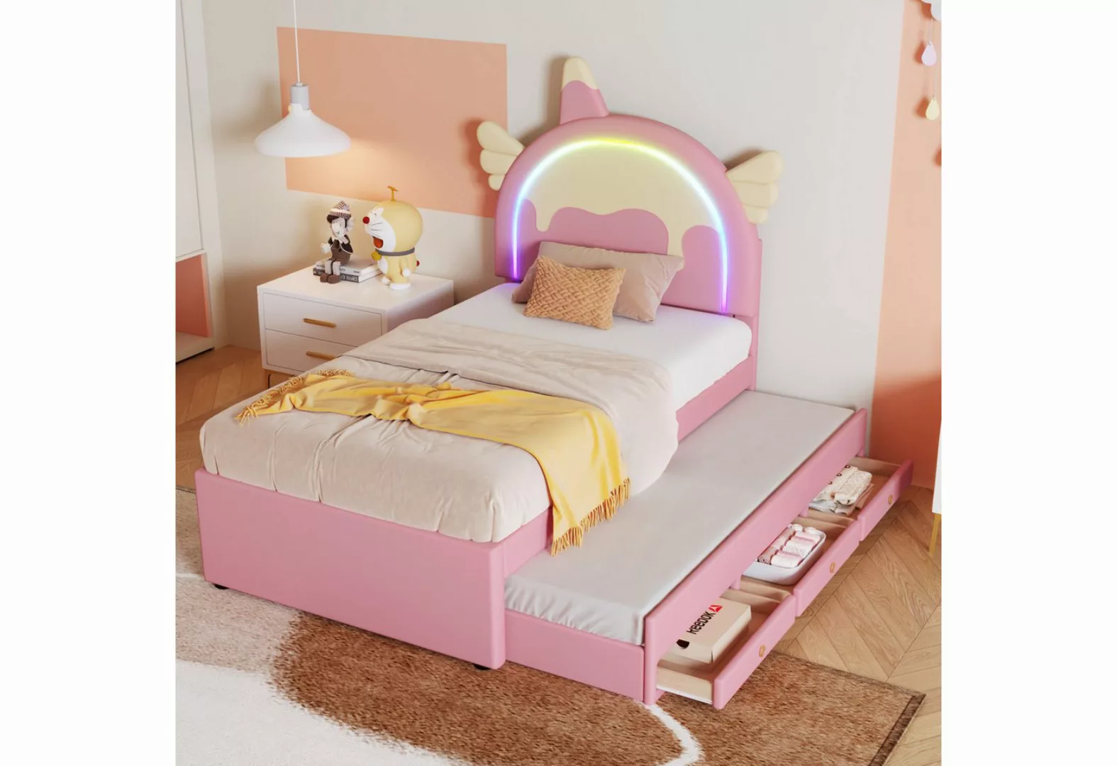 HAUSS SPLOE Kinderbett 90 x 200cm Einhornform, mit ausziehbares Rollbett, P günstig online kaufen