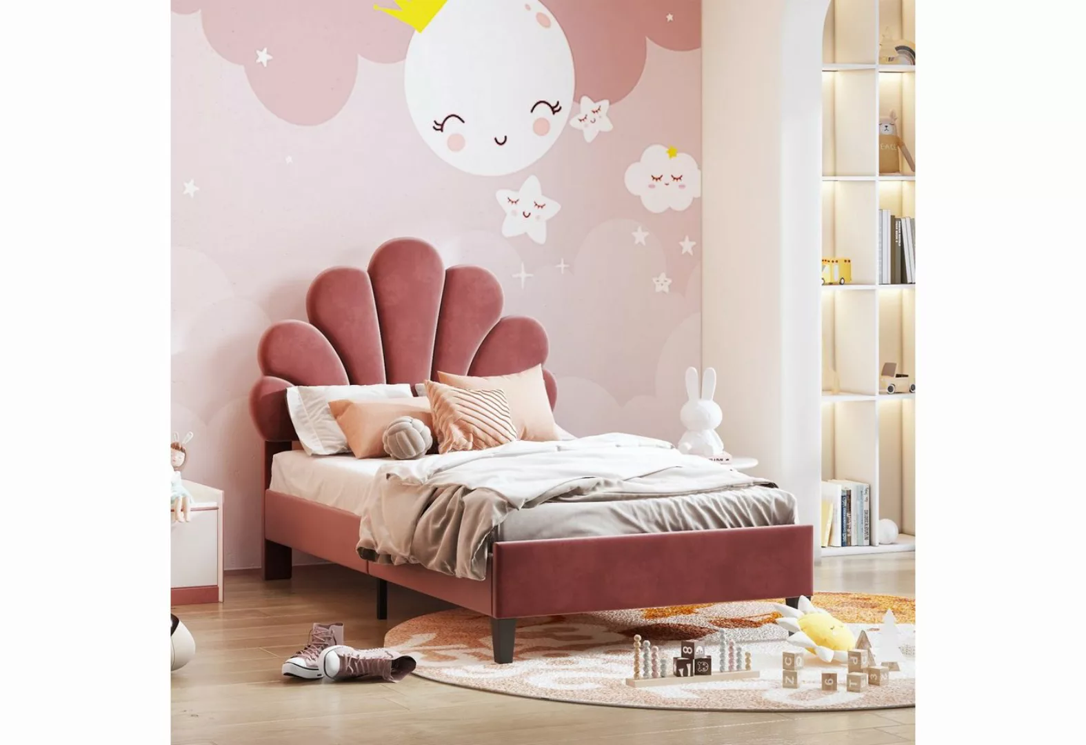 Flieks Polsterbett, Einzelbett Kinderbett Blumenform-Kopfteil Samt 90x200cm günstig online kaufen