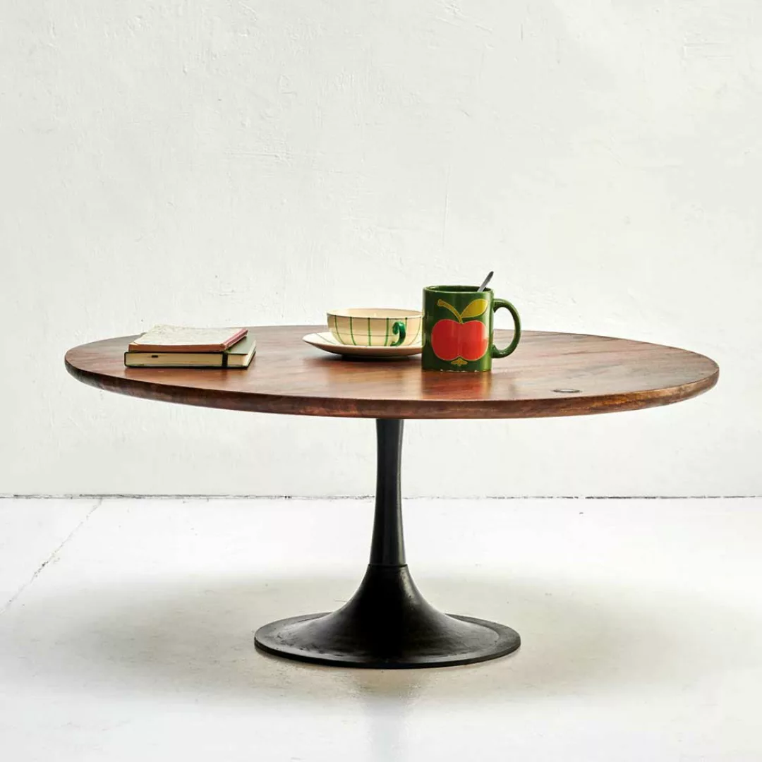 Retro Wohnzimmer Tisch mit Trompetenfuß Massivholzplatte günstig online kaufen