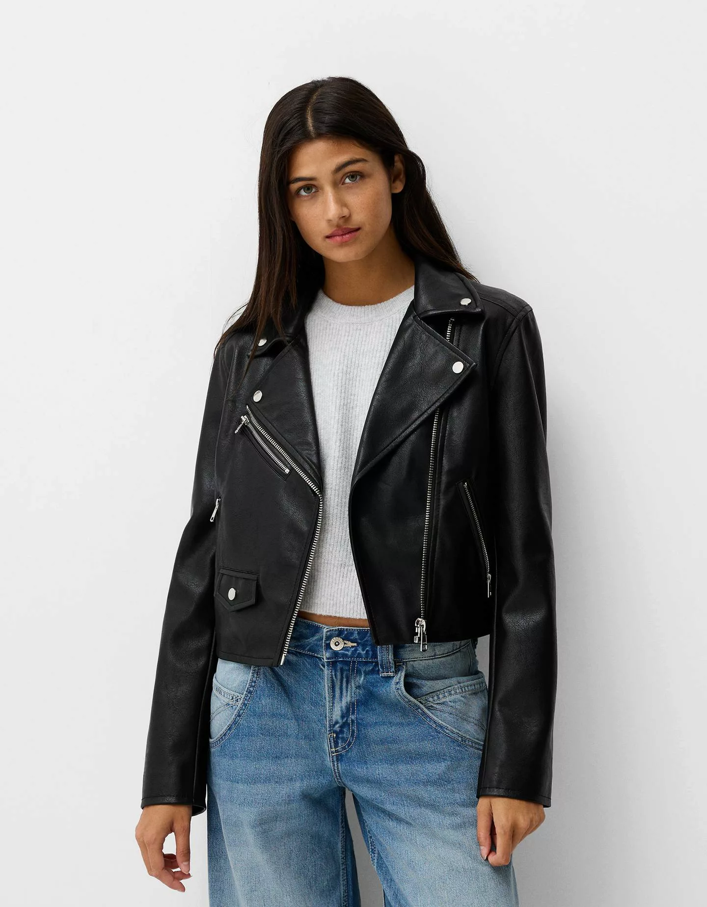 Bershka Bikerjacke Aus Kunstleder Damen M Schwarz günstig online kaufen