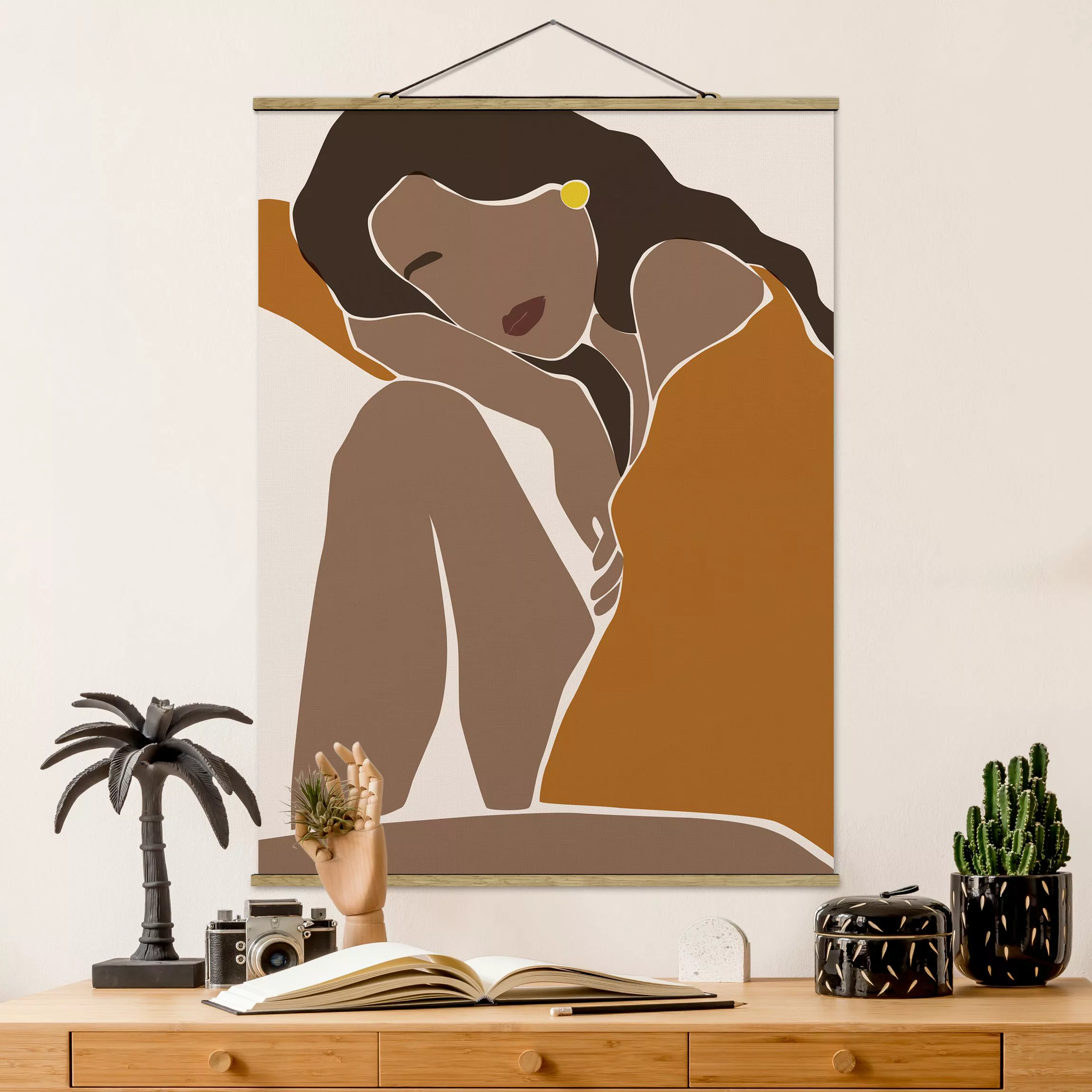 Stoffbild Abstrakt mit Posterleisten - Hochformat Line Art Frau Braun Beige günstig online kaufen