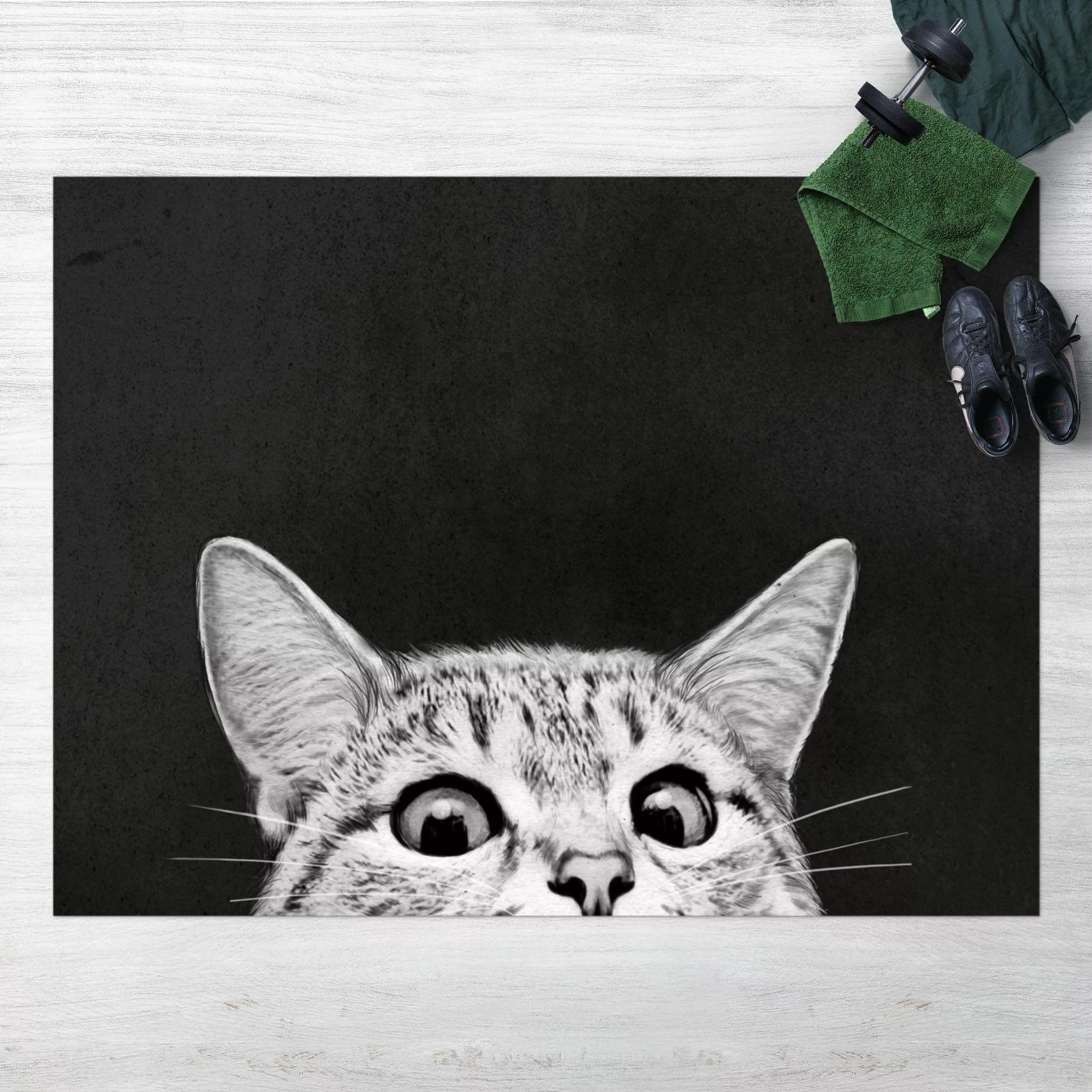 Vinyl-Teppich Illustration Katze Schwarz Weiß Zeichnung günstig online kaufen