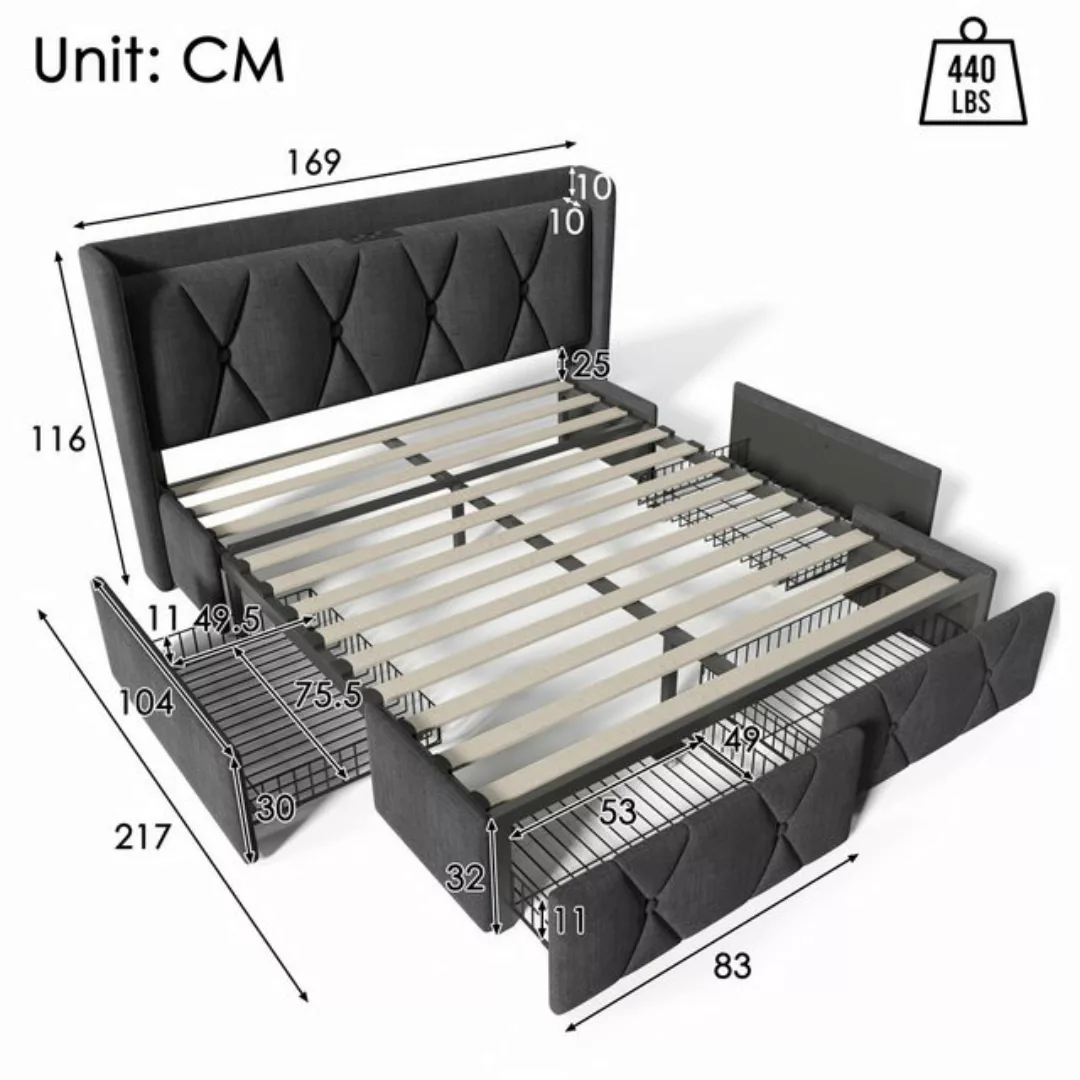 Rosaking Polsterbett mit aufladen USB Ladefunktion Kopfteil und 4 Schublade günstig online kaufen