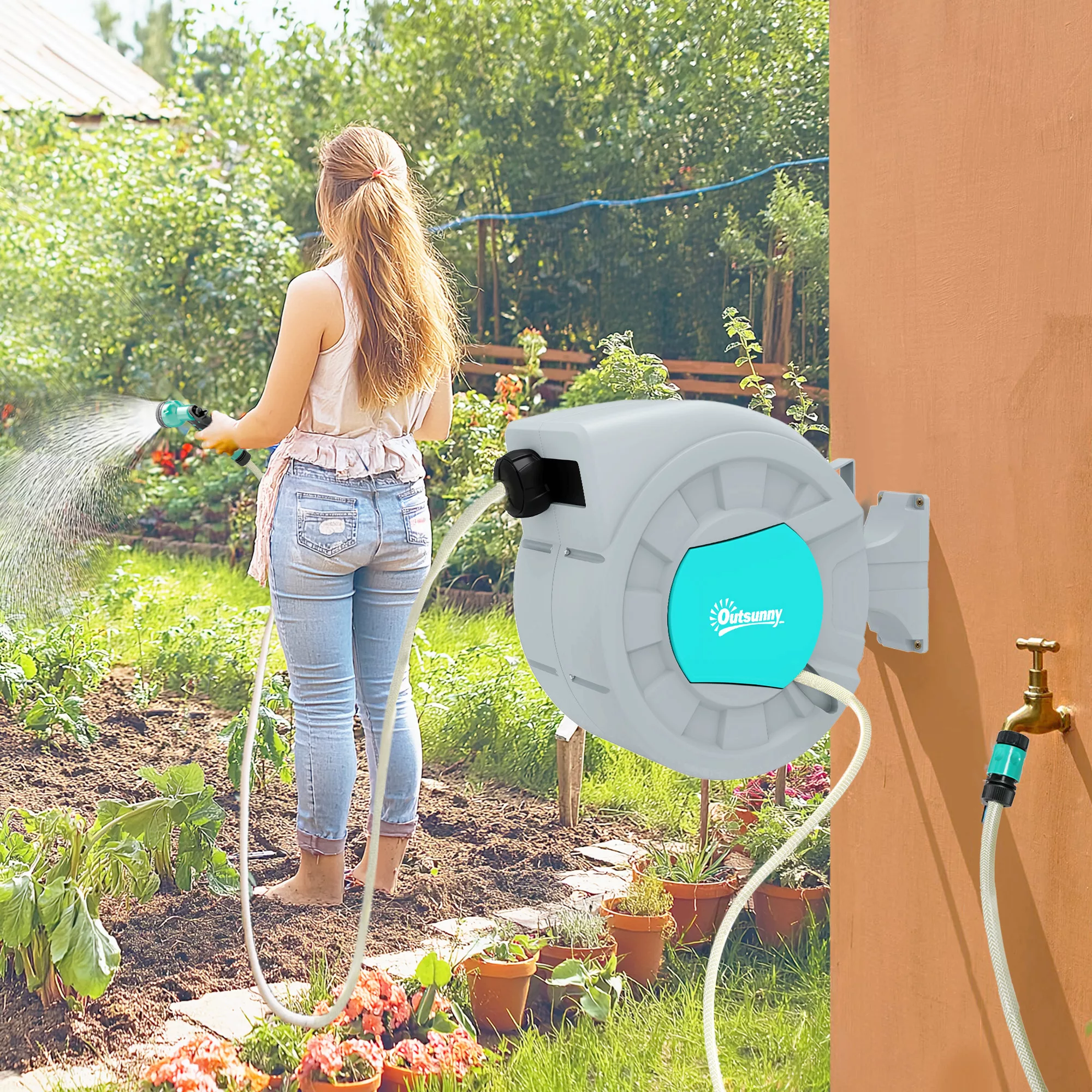 Outsunny Schlauchtrommel mit Gartenschlauch 25m, 180° schwenkbar Schlauchbo günstig online kaufen