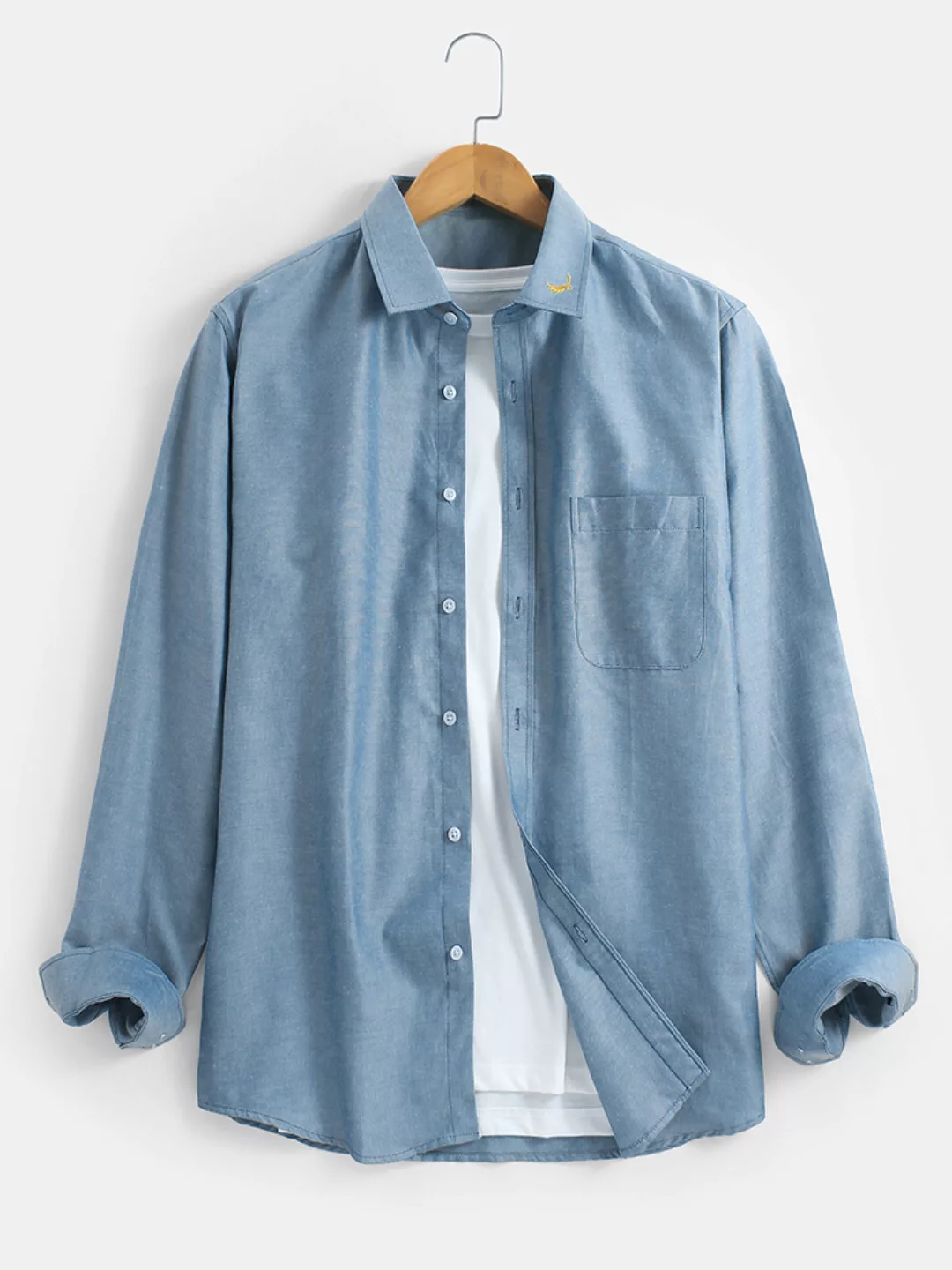 Herren Solid Color Revers bestickt Casual Fit Baumwolle Langarmhemden günstig online kaufen
