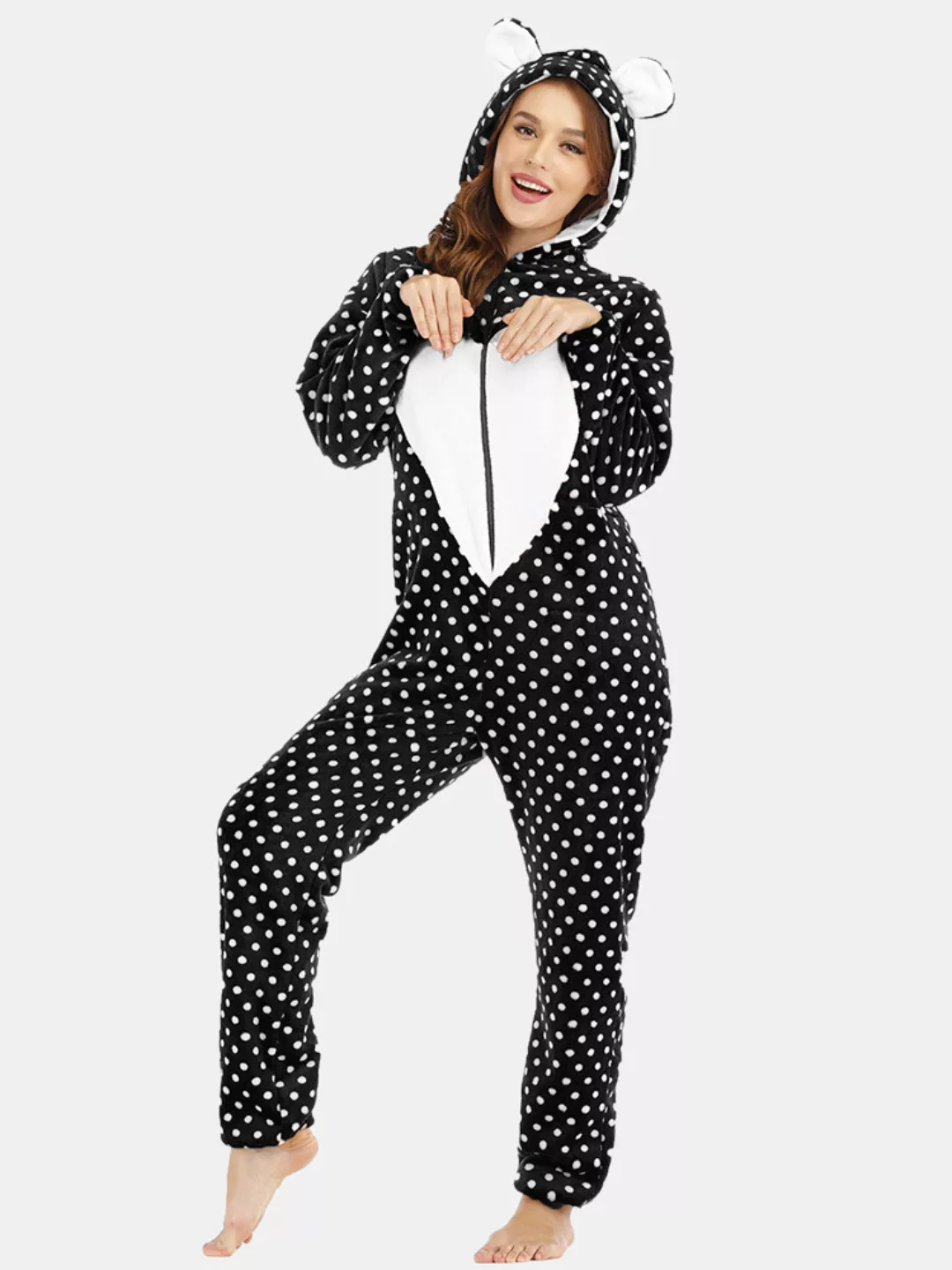 Plus Größe Süße Flanelle Onesies Pyjamas Kapuzenherzen Polka Dot Front Reiß günstig online kaufen