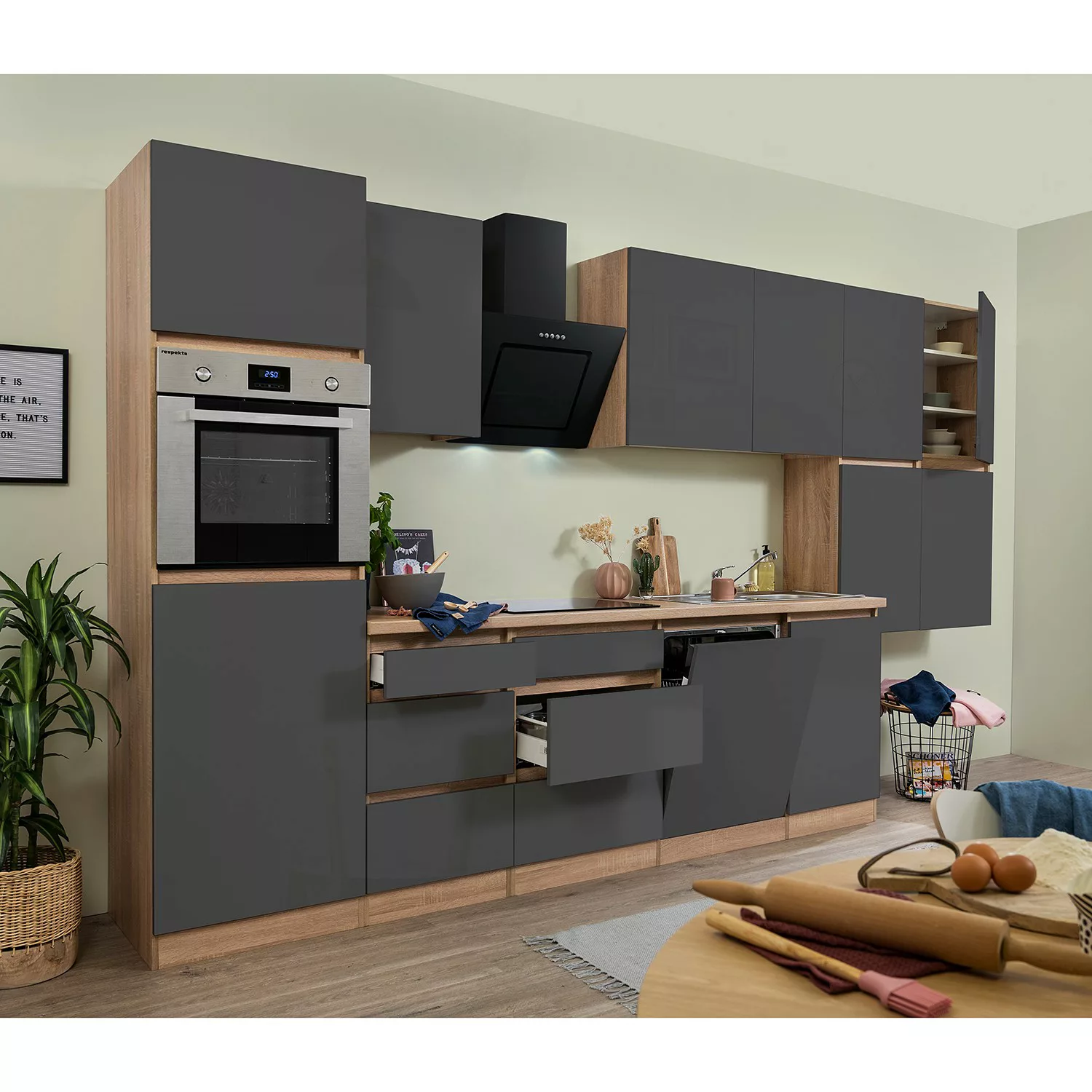 Respekta Küchenzeile GLRP380HESG Grifflos 380 cm Grau Hochglanz-Sonoma Eich günstig online kaufen
