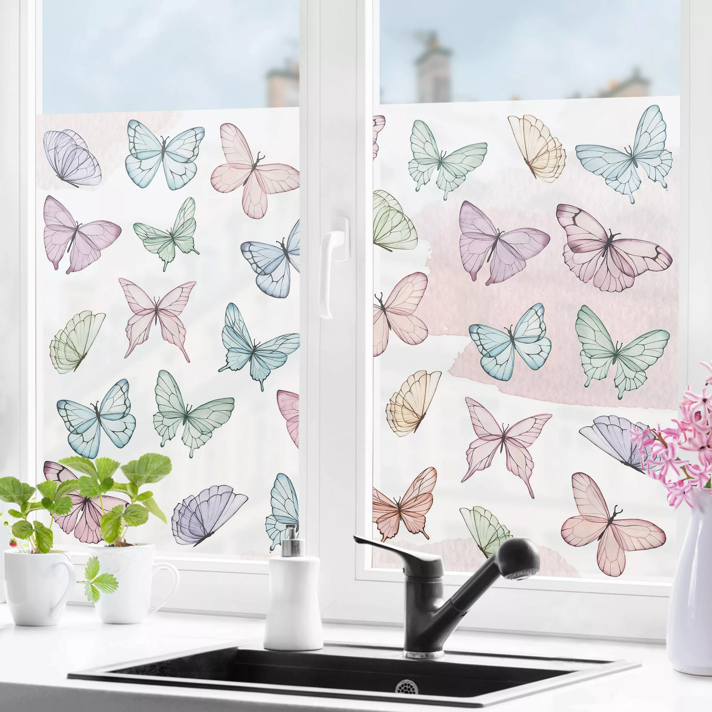 Fensterfolie Schmetterlinge Aquarell Pastell günstig online kaufen