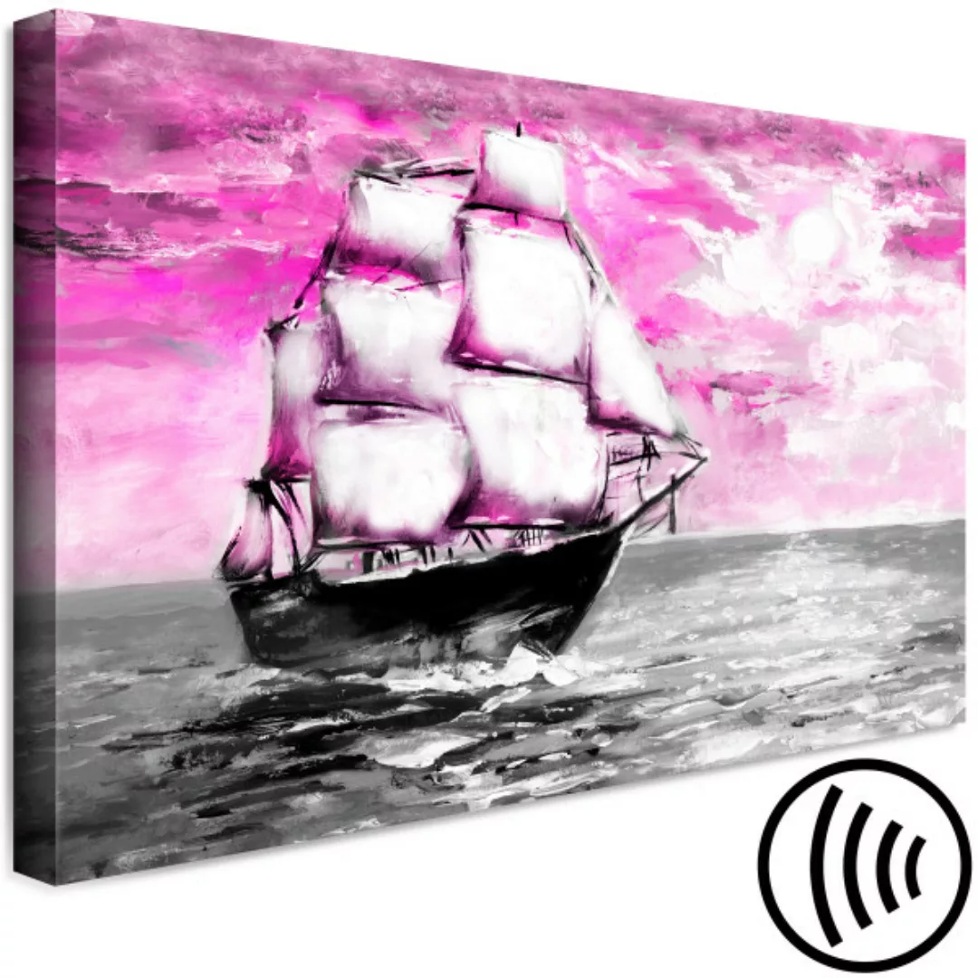 Bild auf Leinwand Fahrendes Schiff - Meereslandschaft mit rosa Himmel und S günstig online kaufen