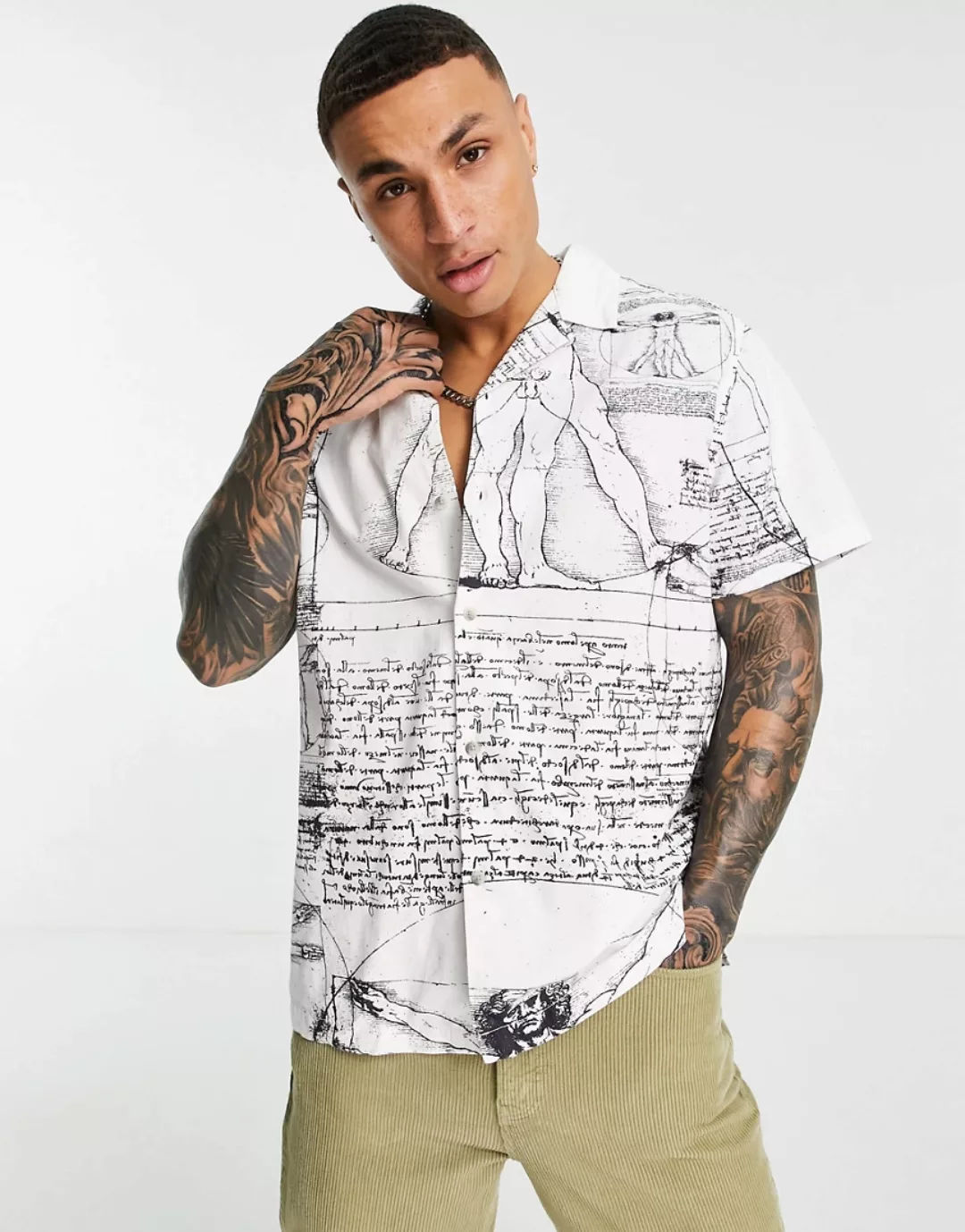 ASOS DESIGN – Da Vinci – Lockeres Hemd mit Reverskragen in Leinenoptik-Weiß günstig online kaufen