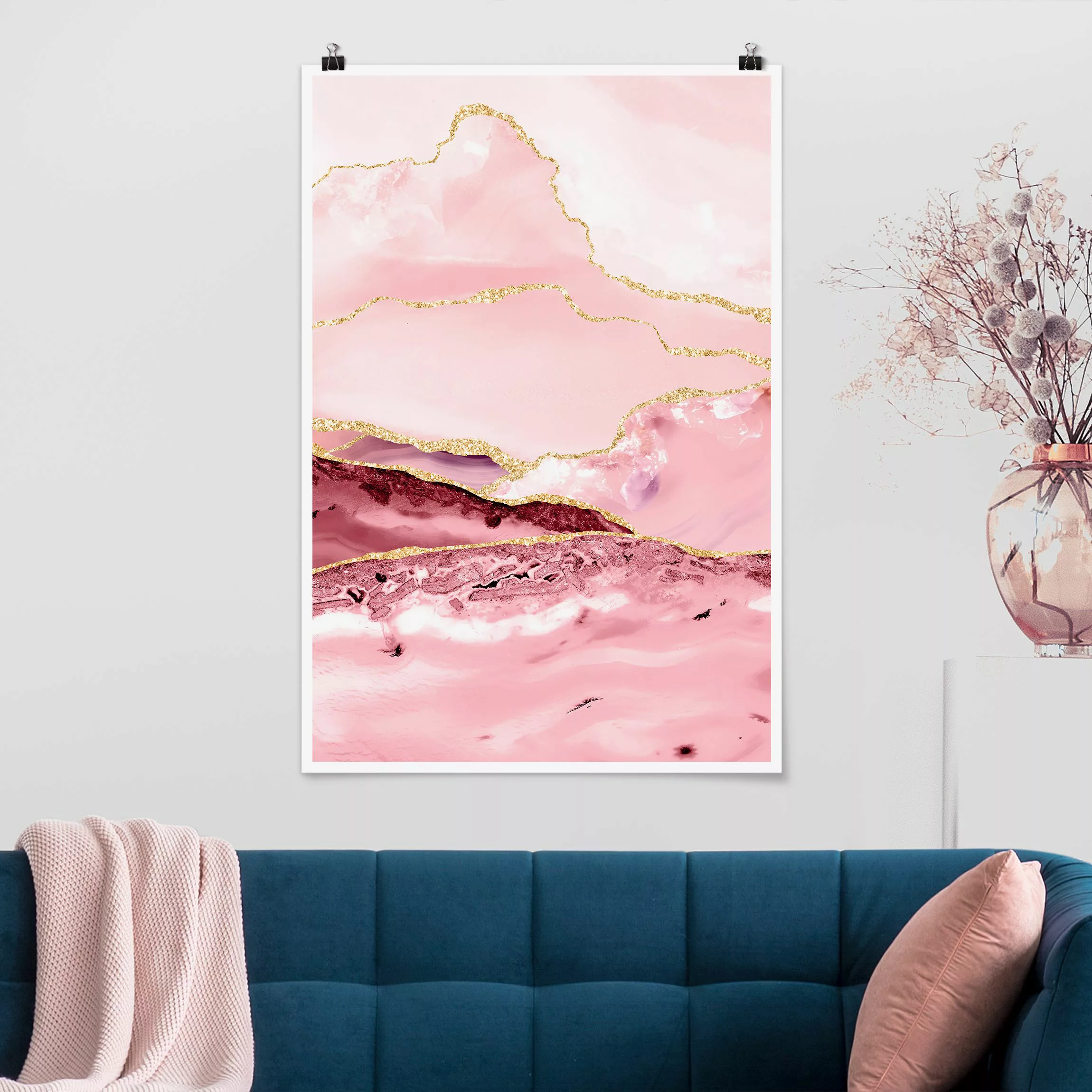 Poster Abstrakte Berge Rosa mit Goldene Linien günstig online kaufen