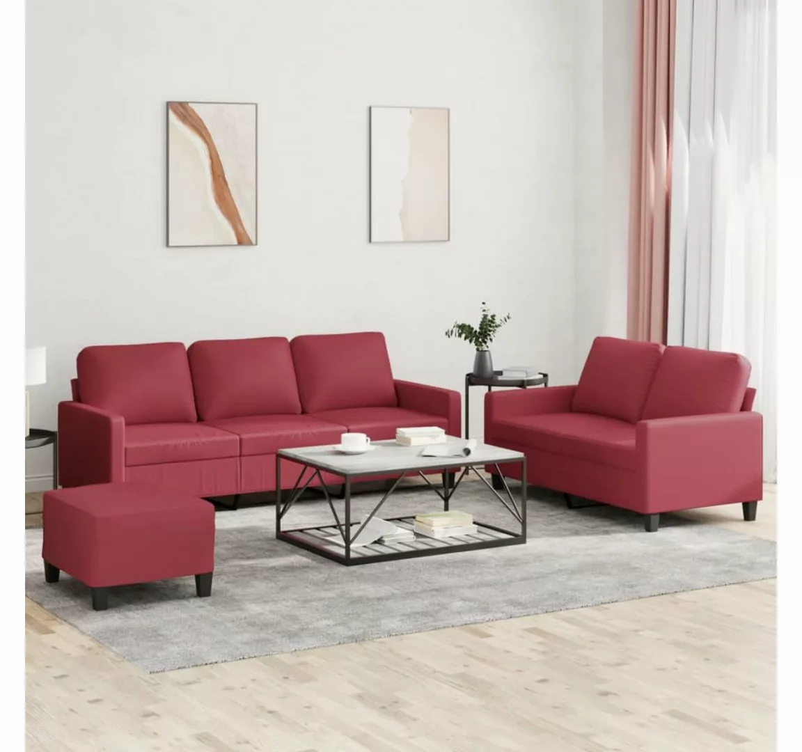 vidaXL Sofa Sofagarnitur mit Kissen Kunstleder, Standard + Fußhocker, Rot günstig online kaufen