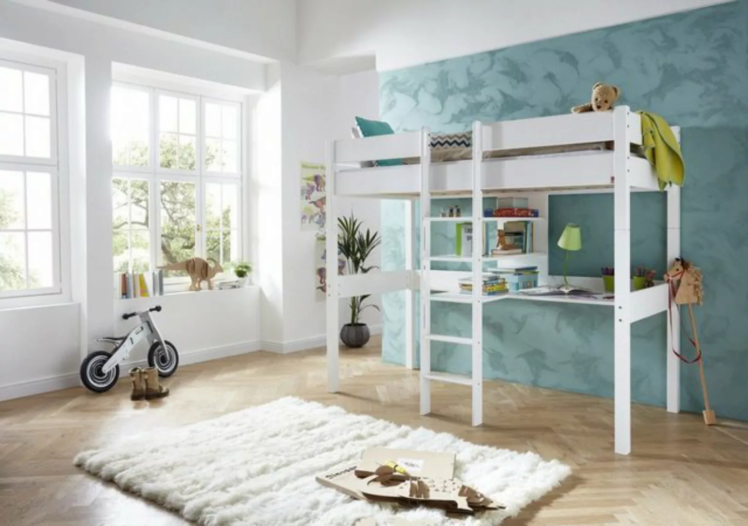 Natur24 Kinderbett Hochbett Noel Buche Weiß lackiert 90x200cm Einzelbett Ki günstig online kaufen