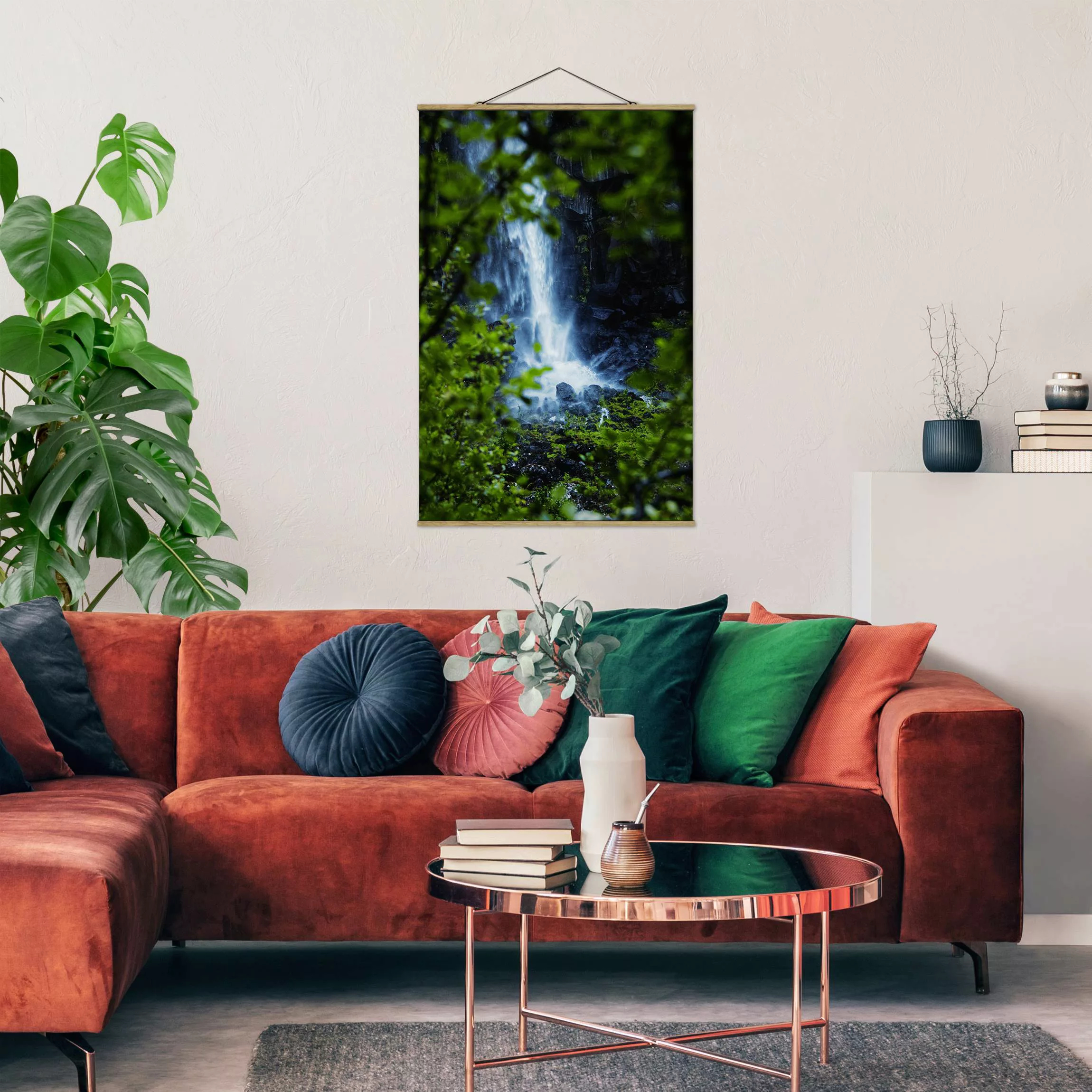 Stoffbild mit Posterleisten Blick zum Wasserfall günstig online kaufen