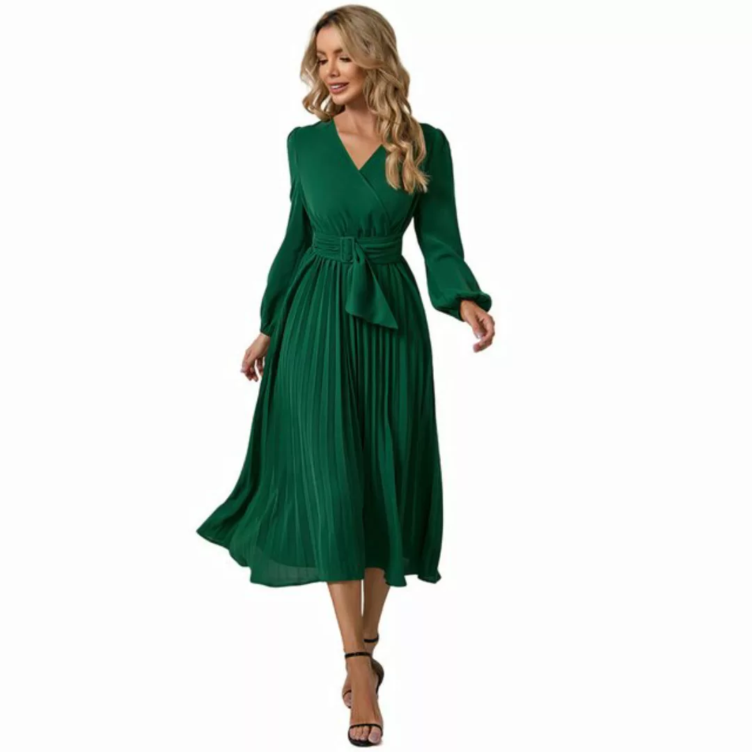 Mayou Cocktailkleid Damen Elegant Langarm Wickel V-Ausschnitt mit Gürtel Pl günstig online kaufen