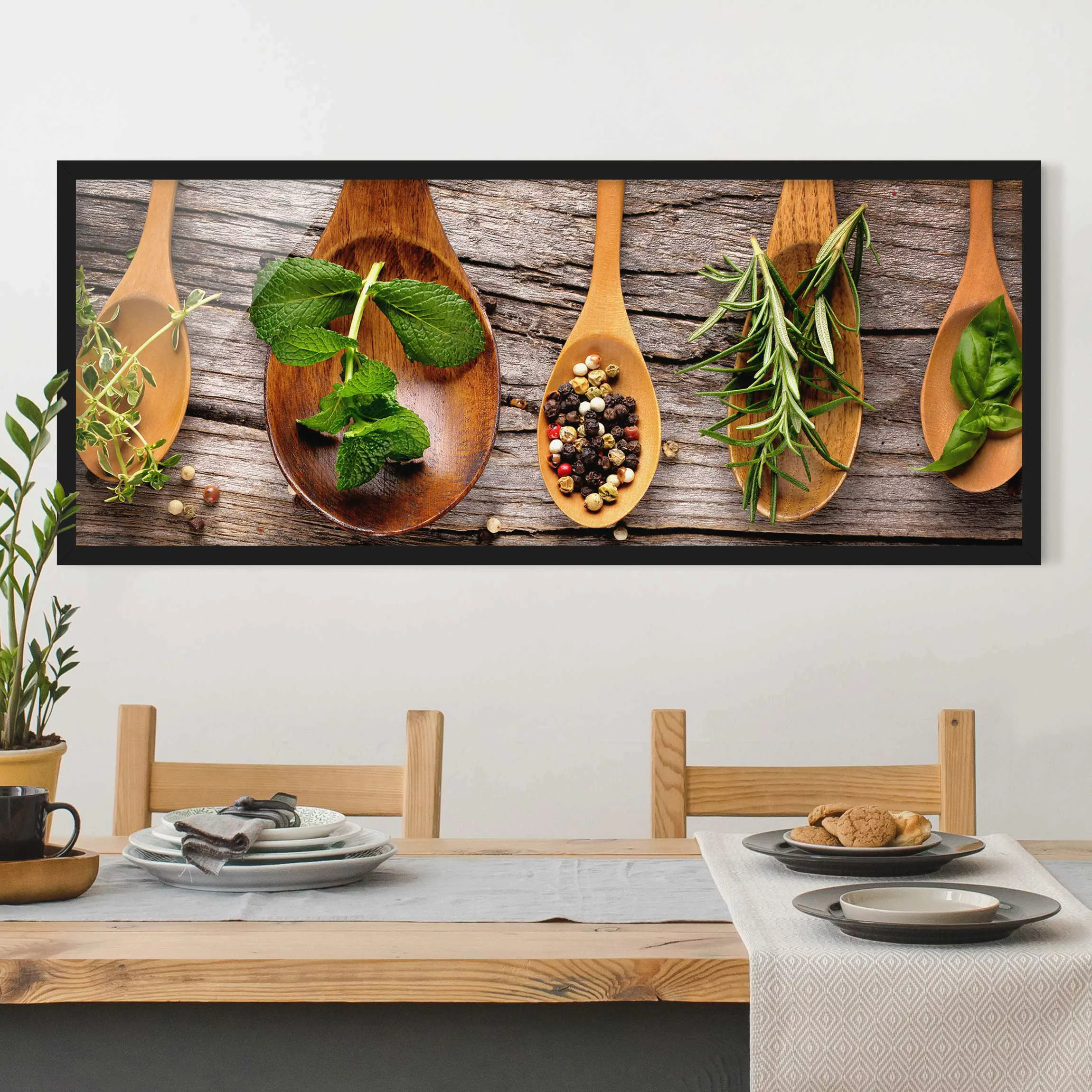 Bild mit Rahmen Küche - Panorama Kräuter und Gewürze günstig online kaufen
