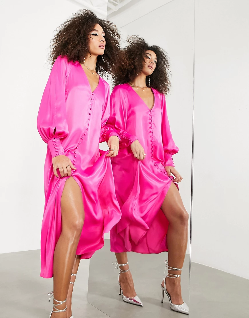 ASOS EDITION – Midikleid in Pink mit Knopfleiste-Rosa günstig online kaufen