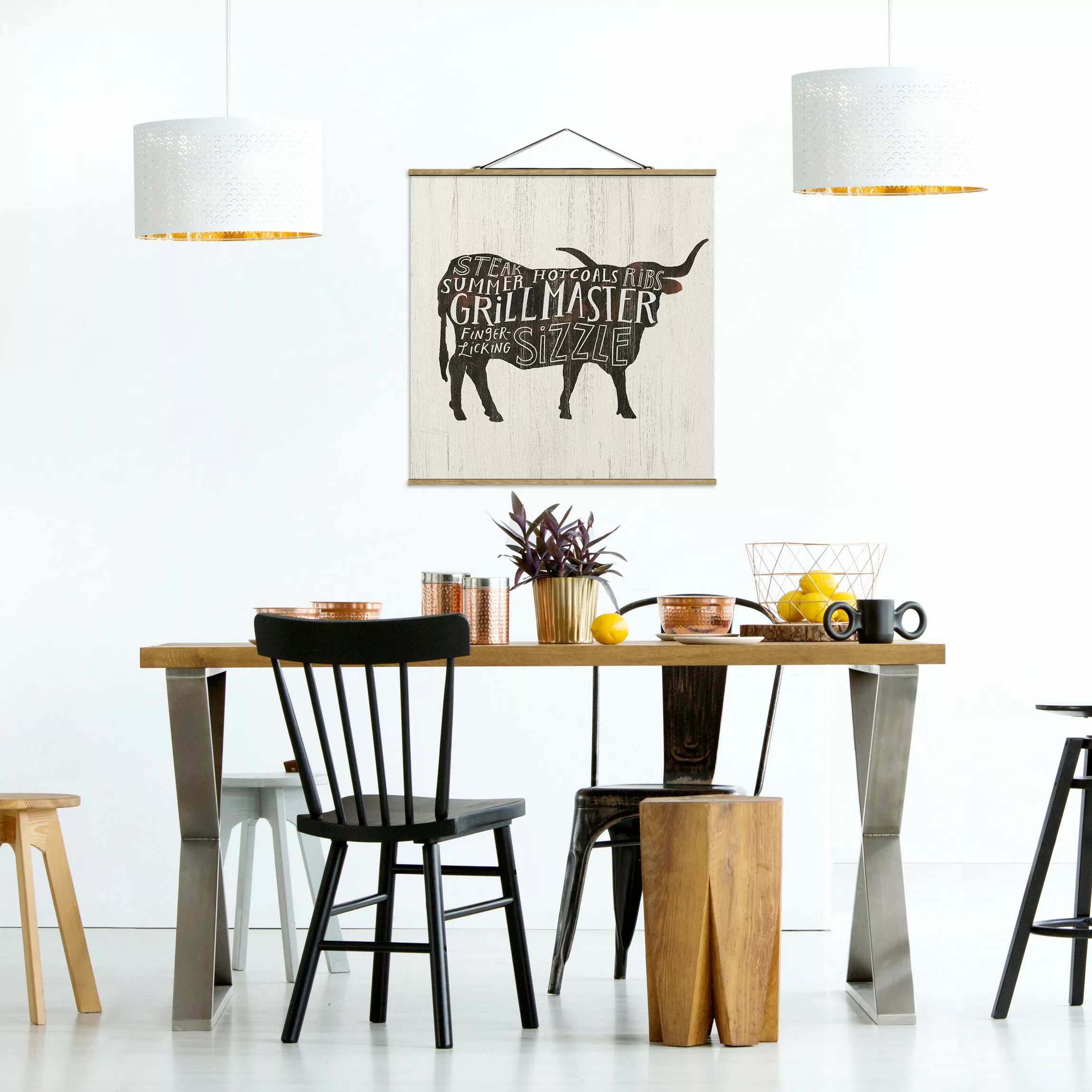 Stoffbild Tiere mit Posterleisten - Quadrat Bauernhof BBQ - Rind günstig online kaufen