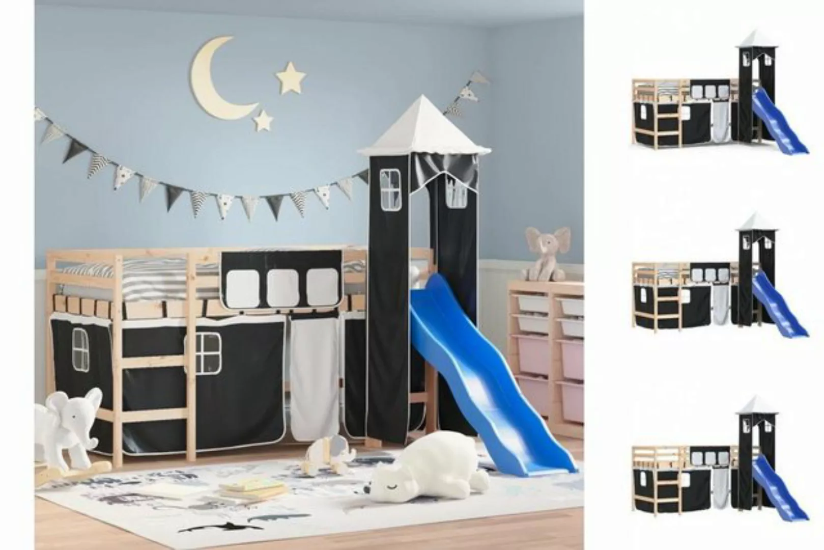 vidaXL Kinderbett Kinderhochbett mit Turm Weiß Schwarz 90x200 cm Kiefernhol günstig online kaufen