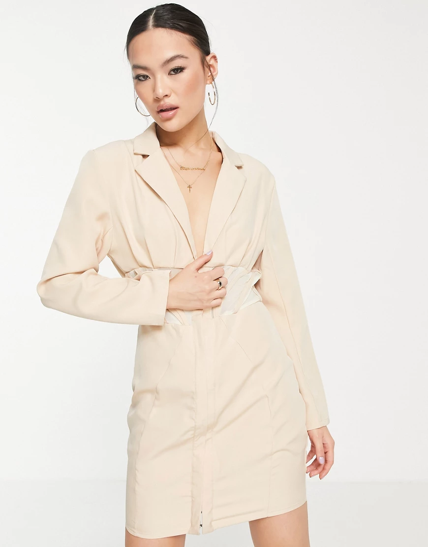 Femme Luxe – Blazerkleid in Beige mit Korsettdetail-Neutral günstig online kaufen