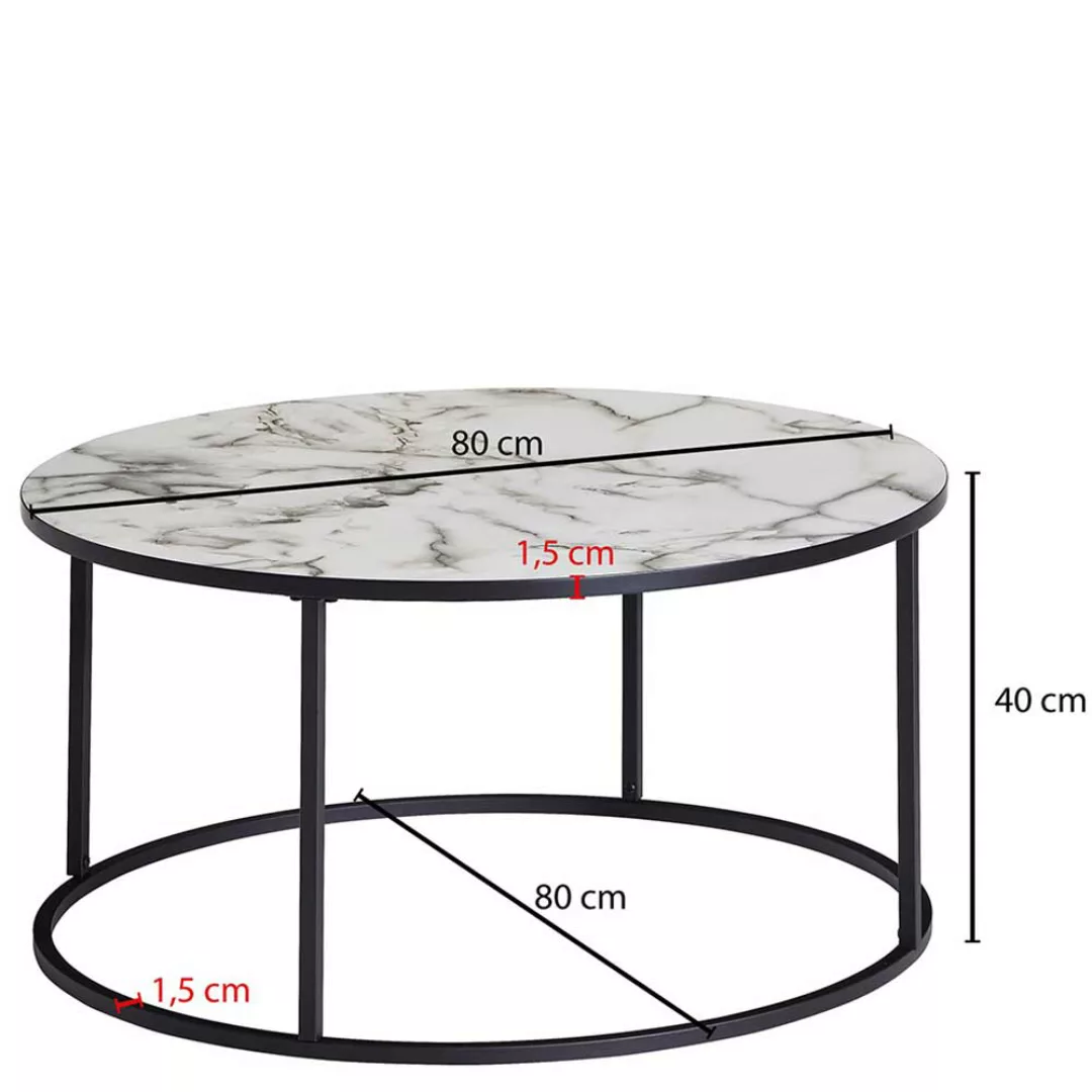 Wohnzimmertisch in Weiß Marmor Optik und Schwarz Metall rund günstig online kaufen