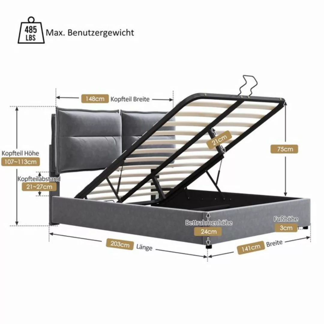 Odikalo Polsterbett Stauraumbett 140x200 Lattenrost Metallrahmen Grau/Schwa günstig online kaufen