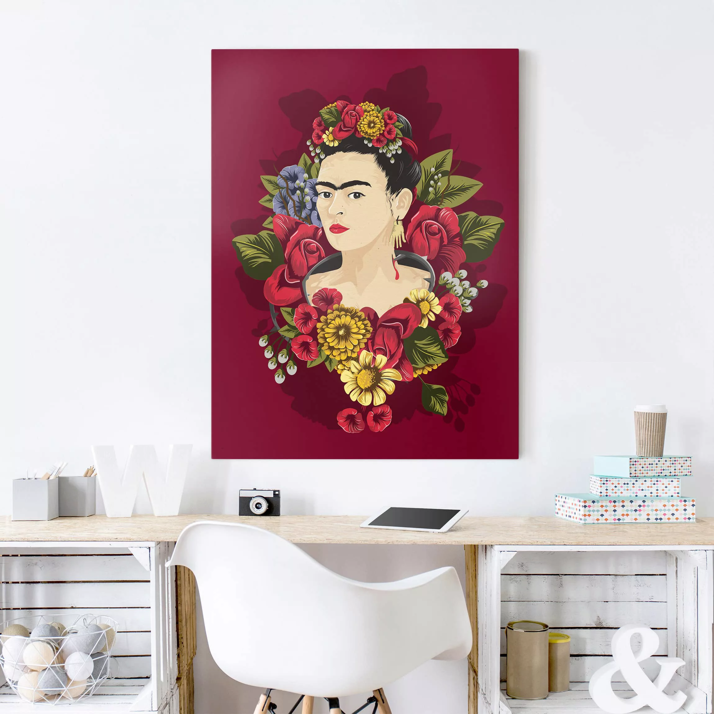 Leinwandbild Kunstdruck - Hochformat Frida Kahlo - Rosen günstig online kaufen