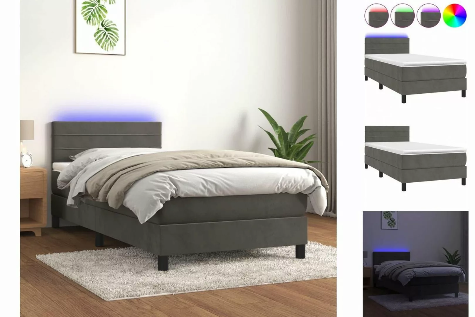 vidaXL Bettgestell Boxspringbett mit Matratze LED Dunkelgrau 90x200 cm Samt günstig online kaufen