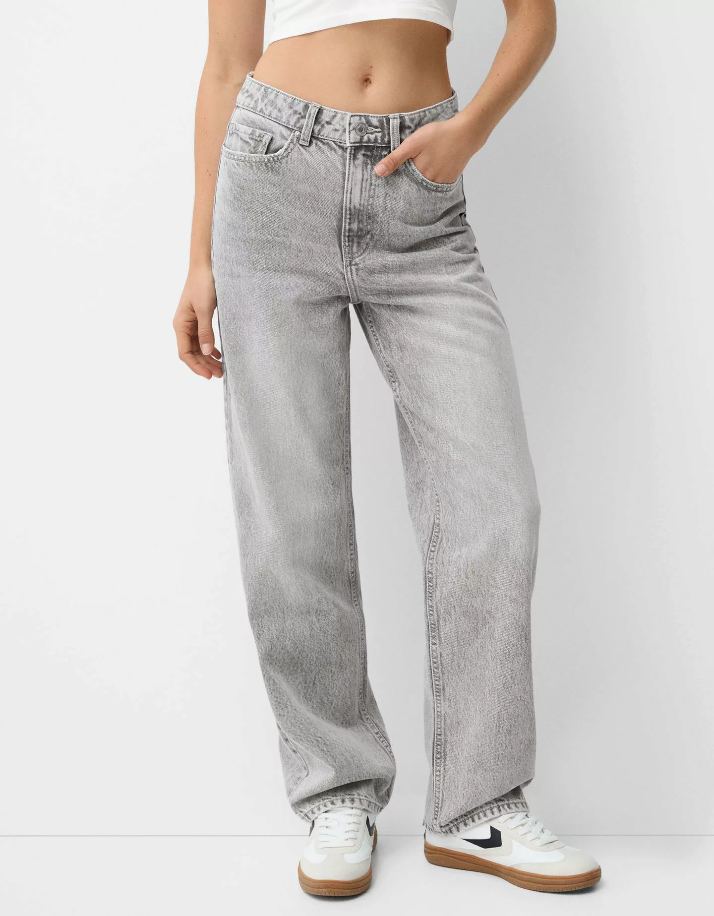 Bershka Straight-Jeans Mit Wide-Leg Damen 44 Grau günstig online kaufen