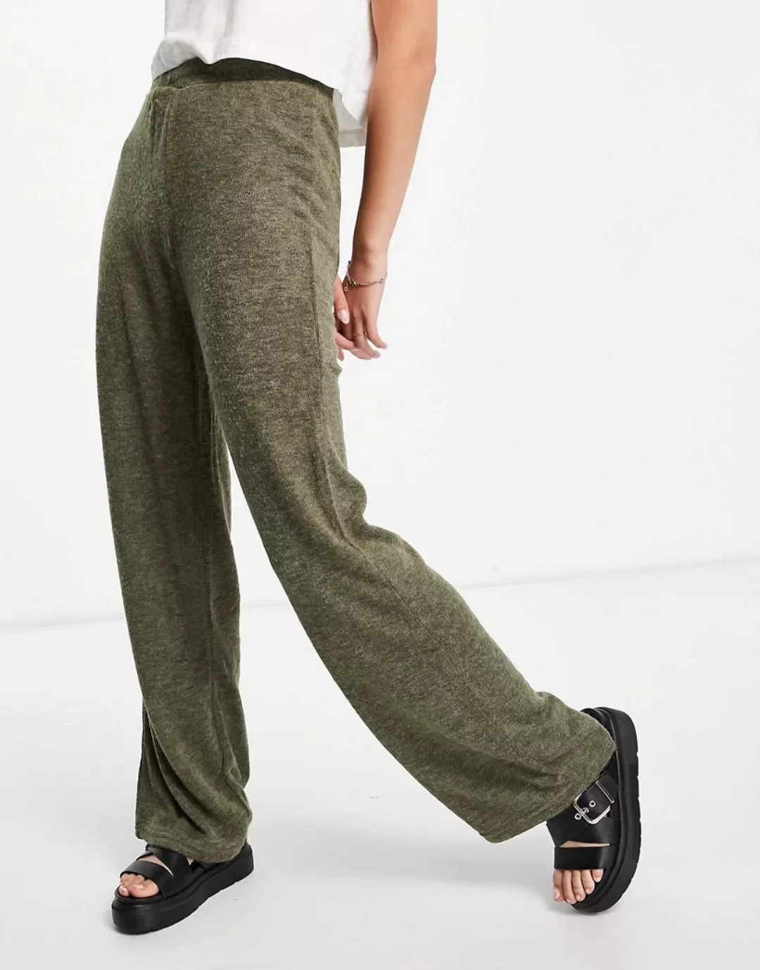 Only – Strickhose mit weitem Bein in Khaki, Kombiteil-Grün günstig online kaufen