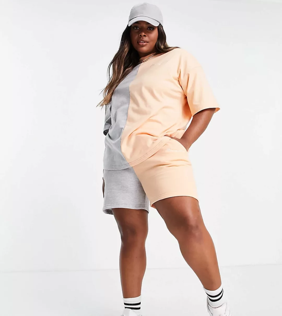 Missguided Plus – Oversize-T-Shirt in Pfirsich mit Farbblockdesign, Kombite günstig online kaufen