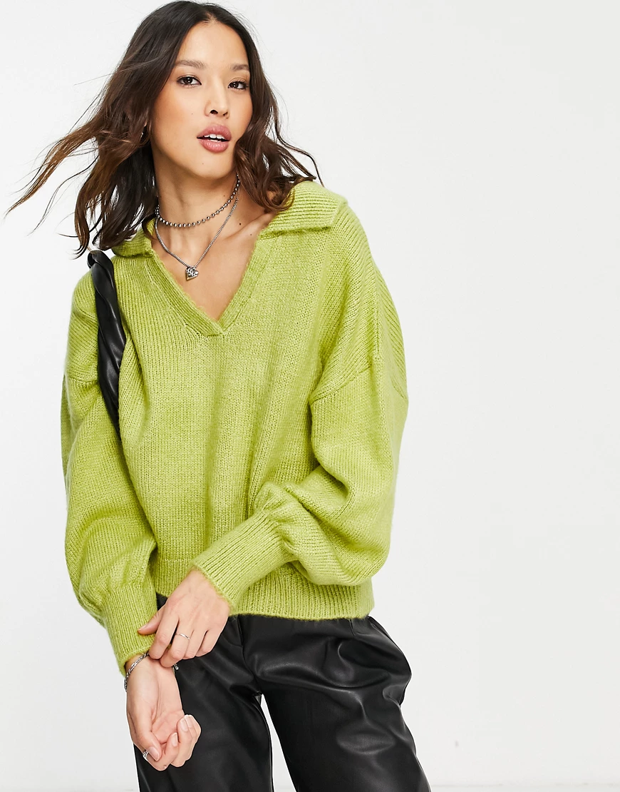 ASOS DESIGN – Oversize-Strickpullover in Grün mit offenem Kragen günstig online kaufen