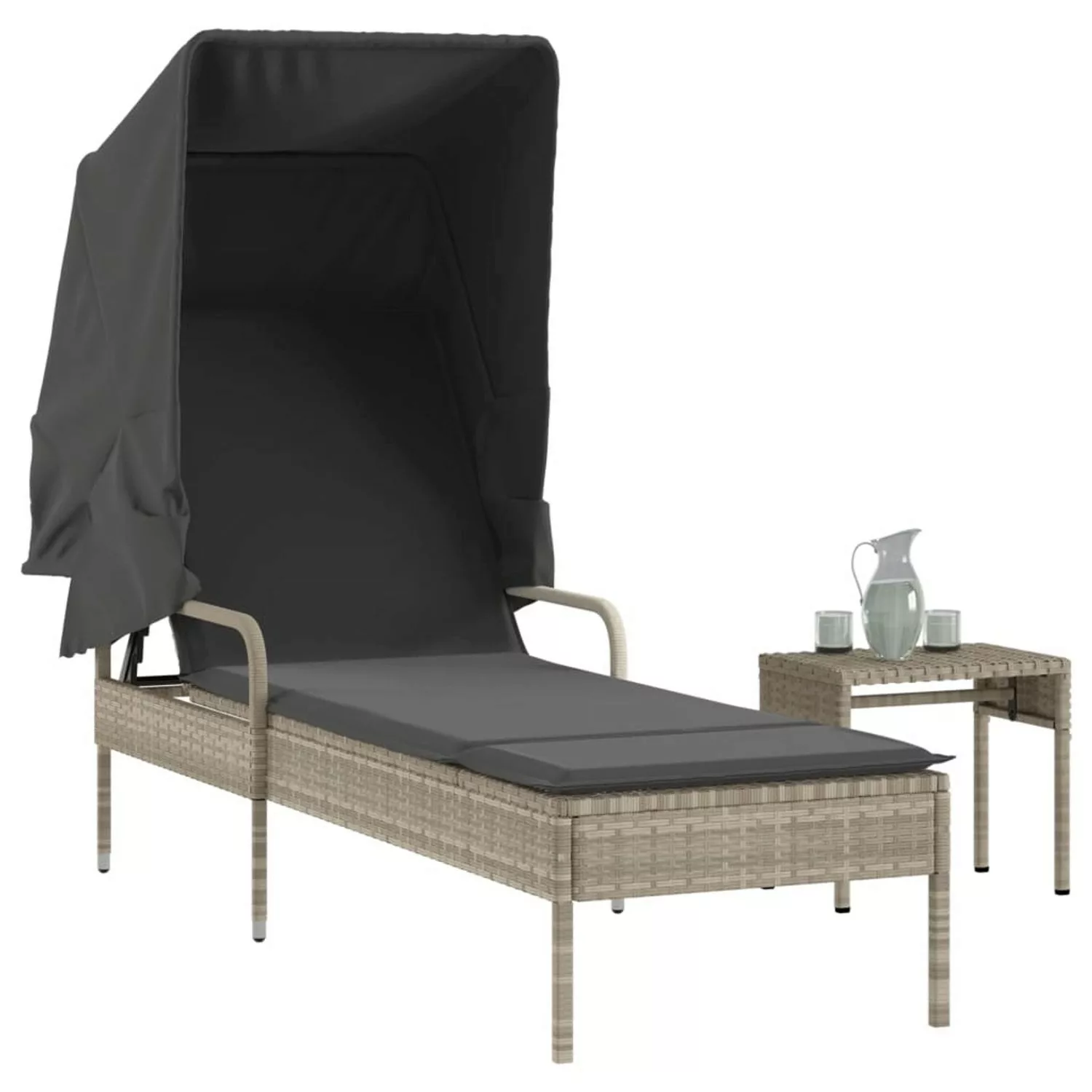 vidaXL Sonnenliege mit Dach und Tisch Hellgrau Poly Rattan günstig online kaufen