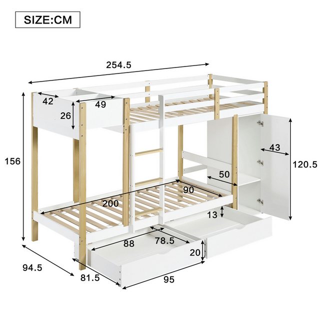 Flieks Etagenbett, Kinderbett 90x200cm mit Gaderobe, Staufächer und 2 Schub günstig online kaufen