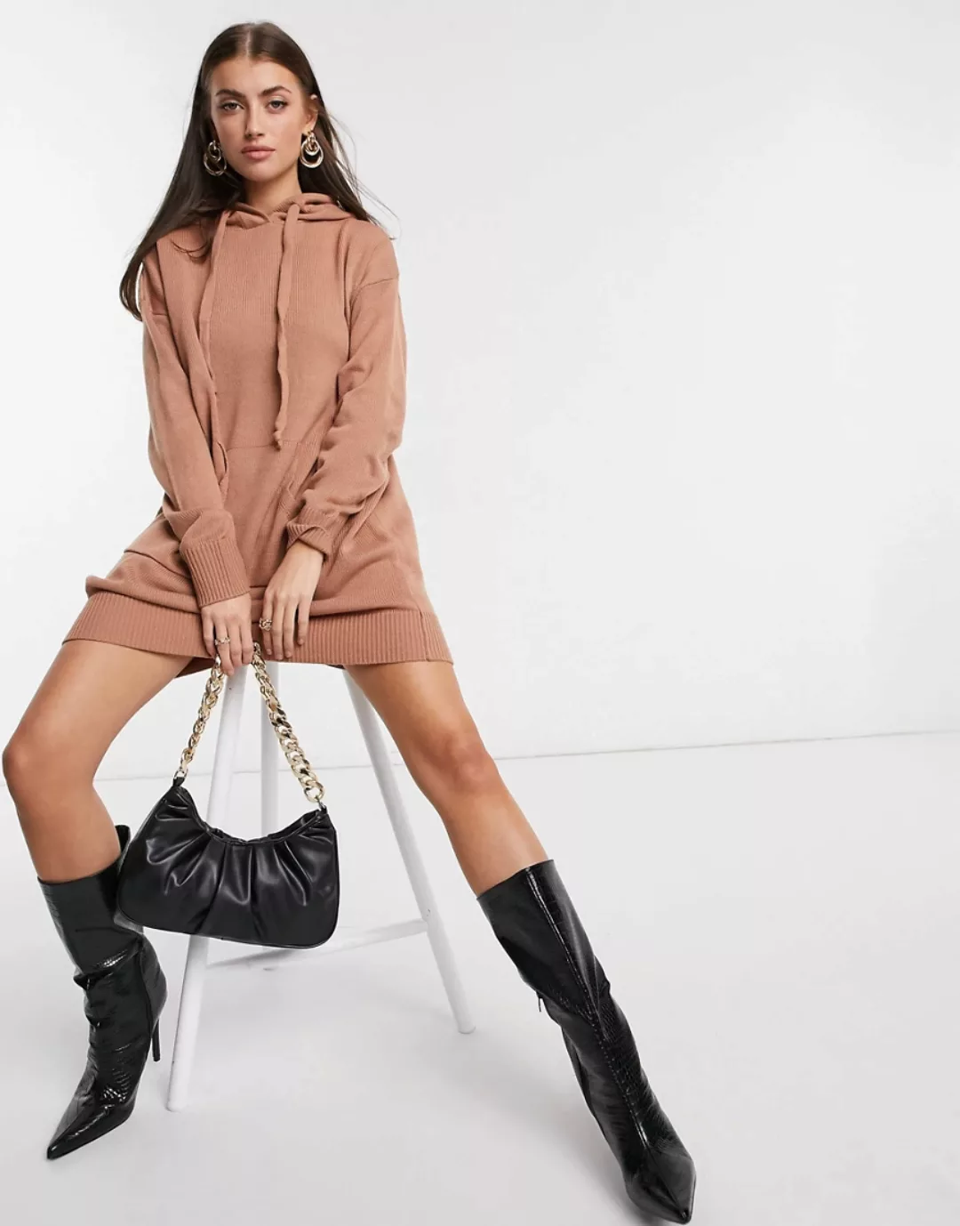 M Lounge – Ministrickkleid mit Kapuze-Rosa günstig online kaufen
