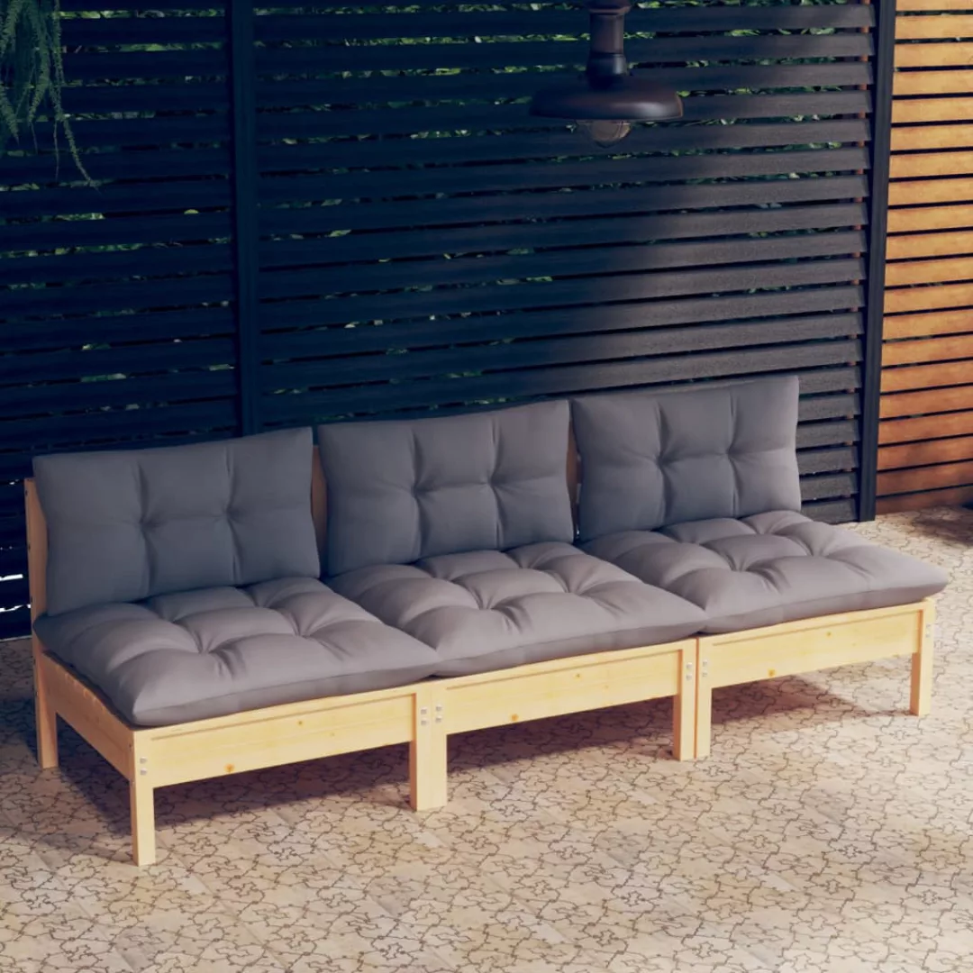 3-sitzer-gartensofa Mit Grauen Kissen Massivholz Kiefer günstig online kaufen