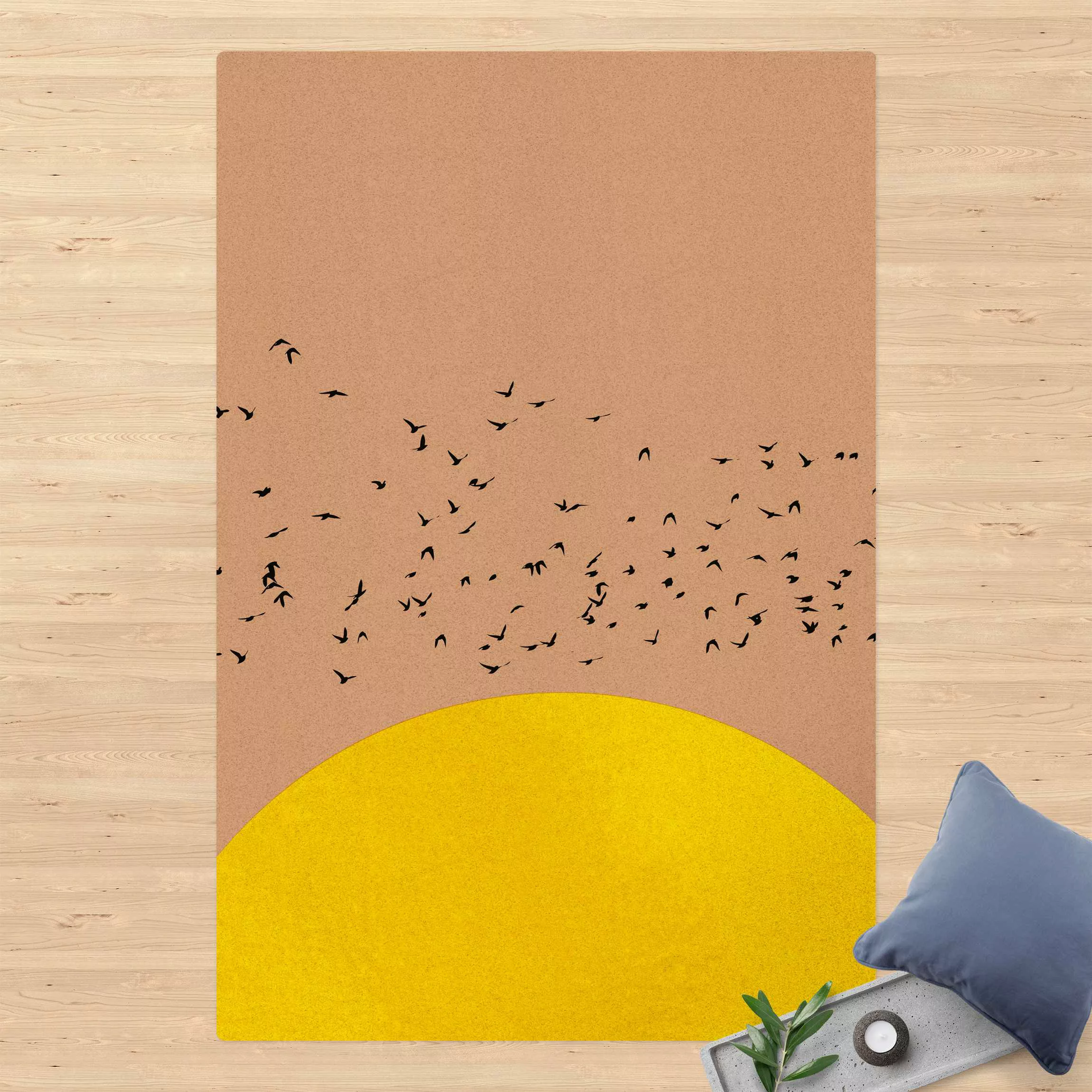 Kork-Teppich Vogelschwarm vor gelber Sonne günstig online kaufen