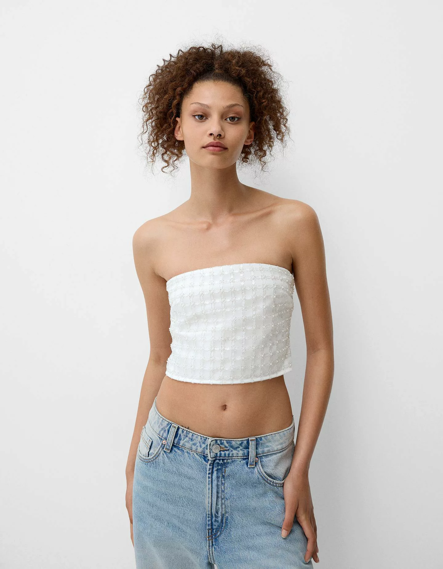 Bershka Bandeau-Top Mit Steinapplikationen Damen S Grbrochenes Weiss günstig online kaufen